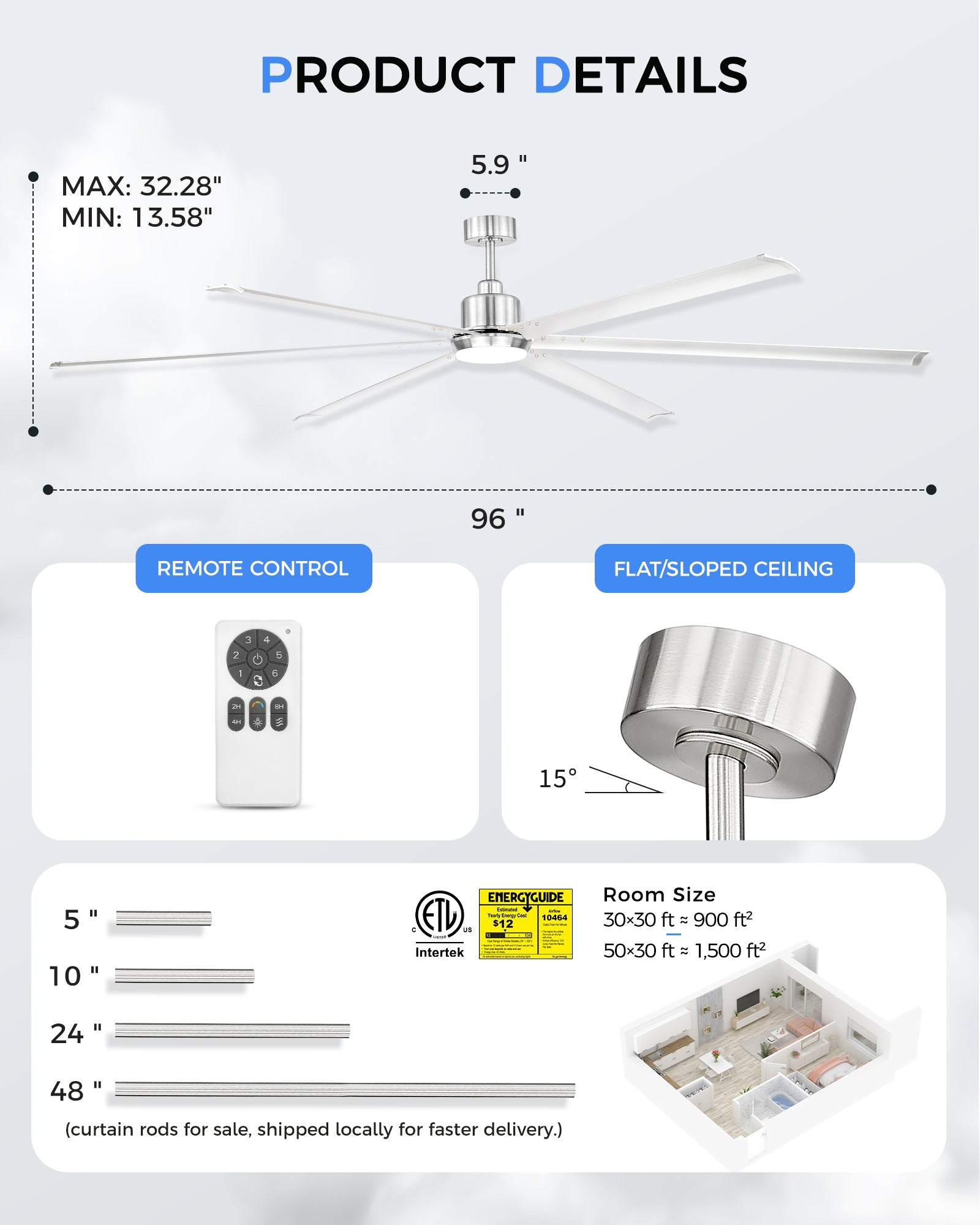 96" Industrial Ceiling Fan with Light, Aluminium Blades, Brushed Nickel