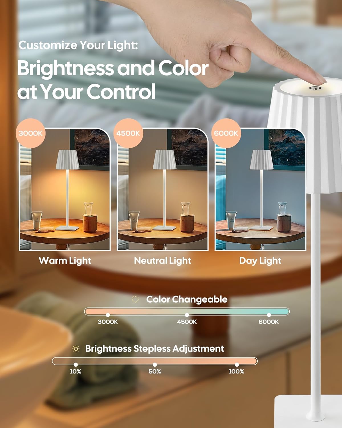 Cordless LED Desk Lamps, Rechargeable Table Lamp with 3 Colors, 5200mAh Battery Operated for Home Office Restaurant Bedroom Bars (2 Pack)
