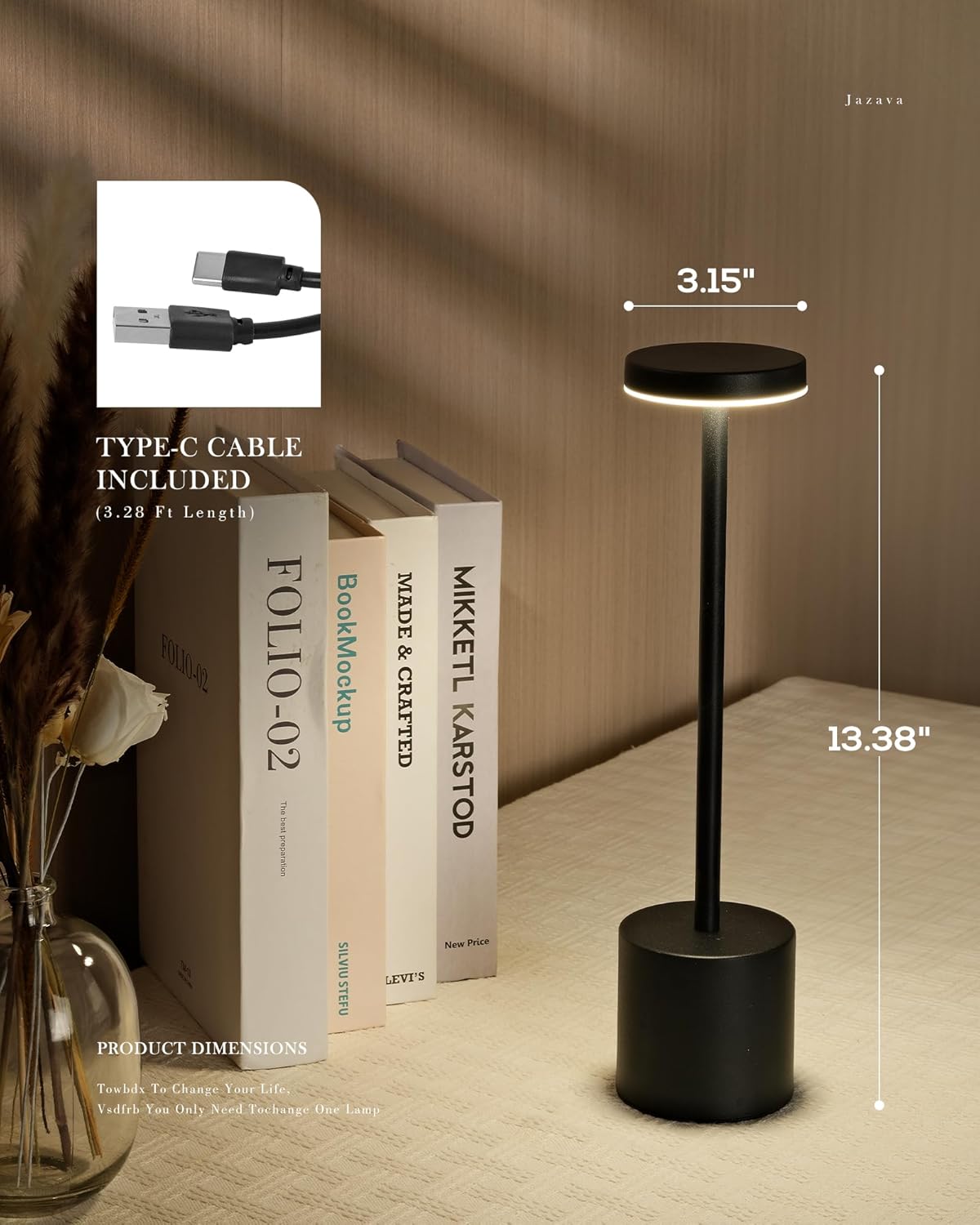 Cordless LED Desk Lamp, Black Table Lamp with 3 Colors, 5200mAh Battery Operated for Home Office Restaurant Bedroom Bars (2 Pack)
