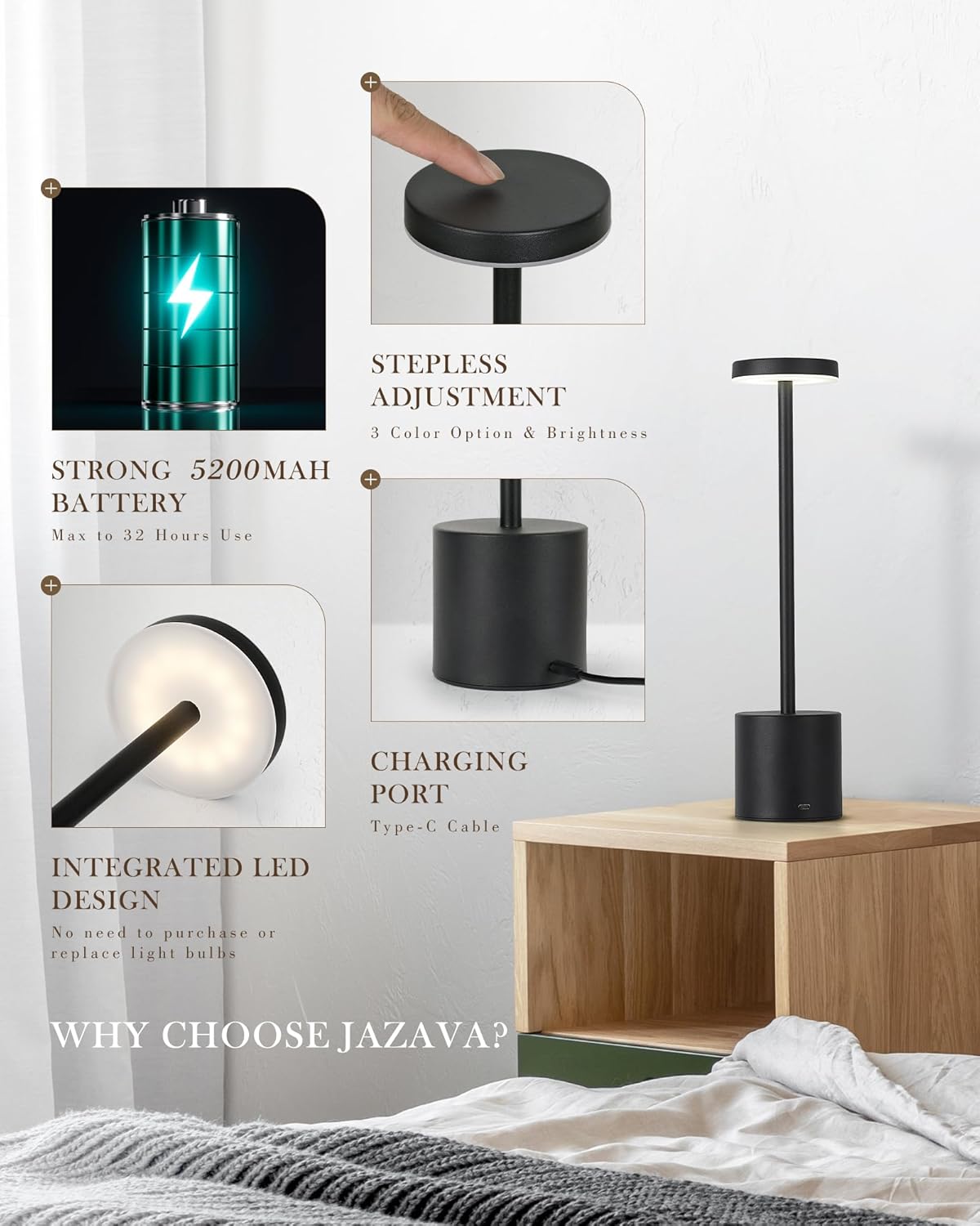 Cordless LED Desk Lamp, Black Table Lamp with 3 Colors, 5200mAh Battery Operated for Home Office Restaurant Bedroom Bars (2 Pack)