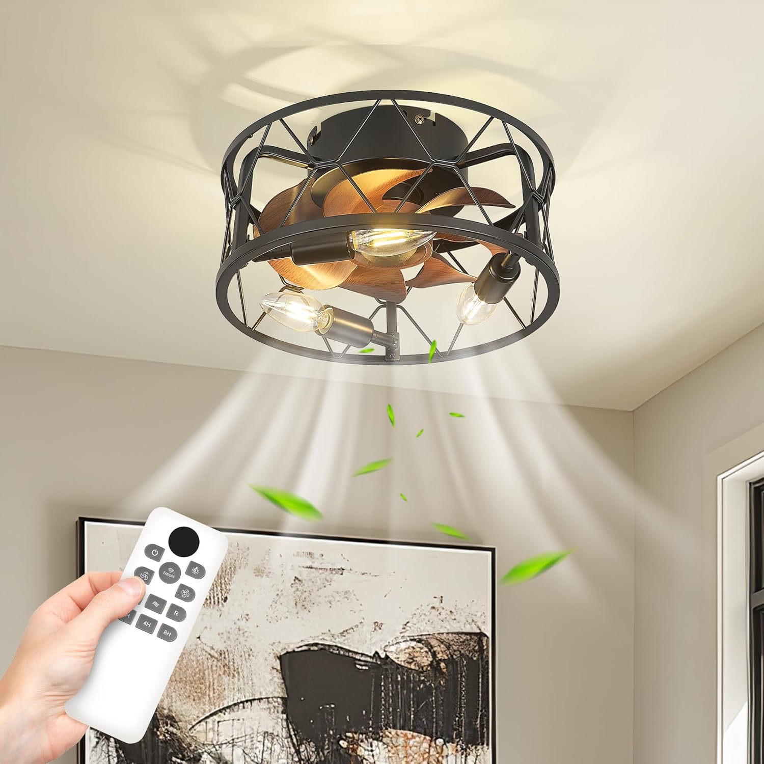 Caged Ceiling Fans with Lights,12 Inch Flush Mount Ceiling Fan with Remote Control,Matte Black Small Low Profile Ceiling Fan for Laundry room,Bedroom,Hallway