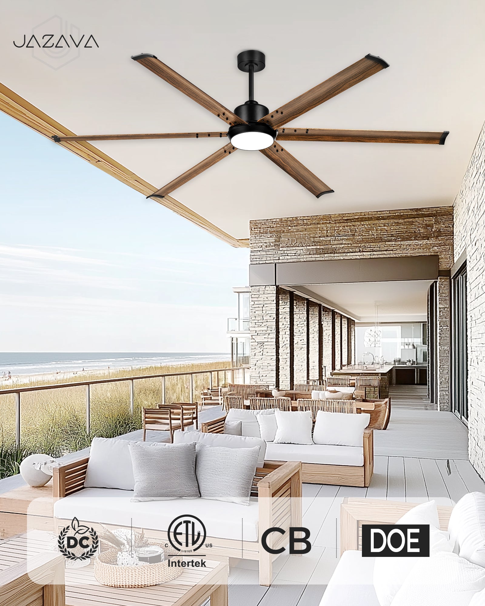 72" Industrial Ceiling Fan with Light, Aluminium Blades, Black & Wood Grain