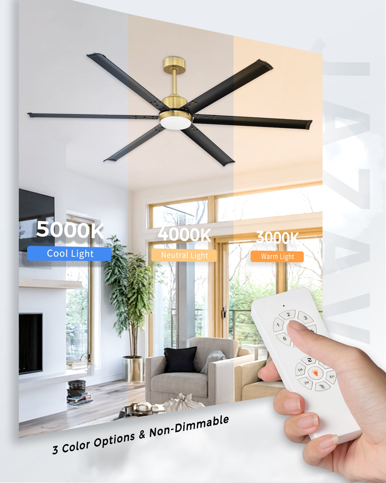 72" Industrial Ceiling Fan with Light, Aluminium Blades, Black & Gold