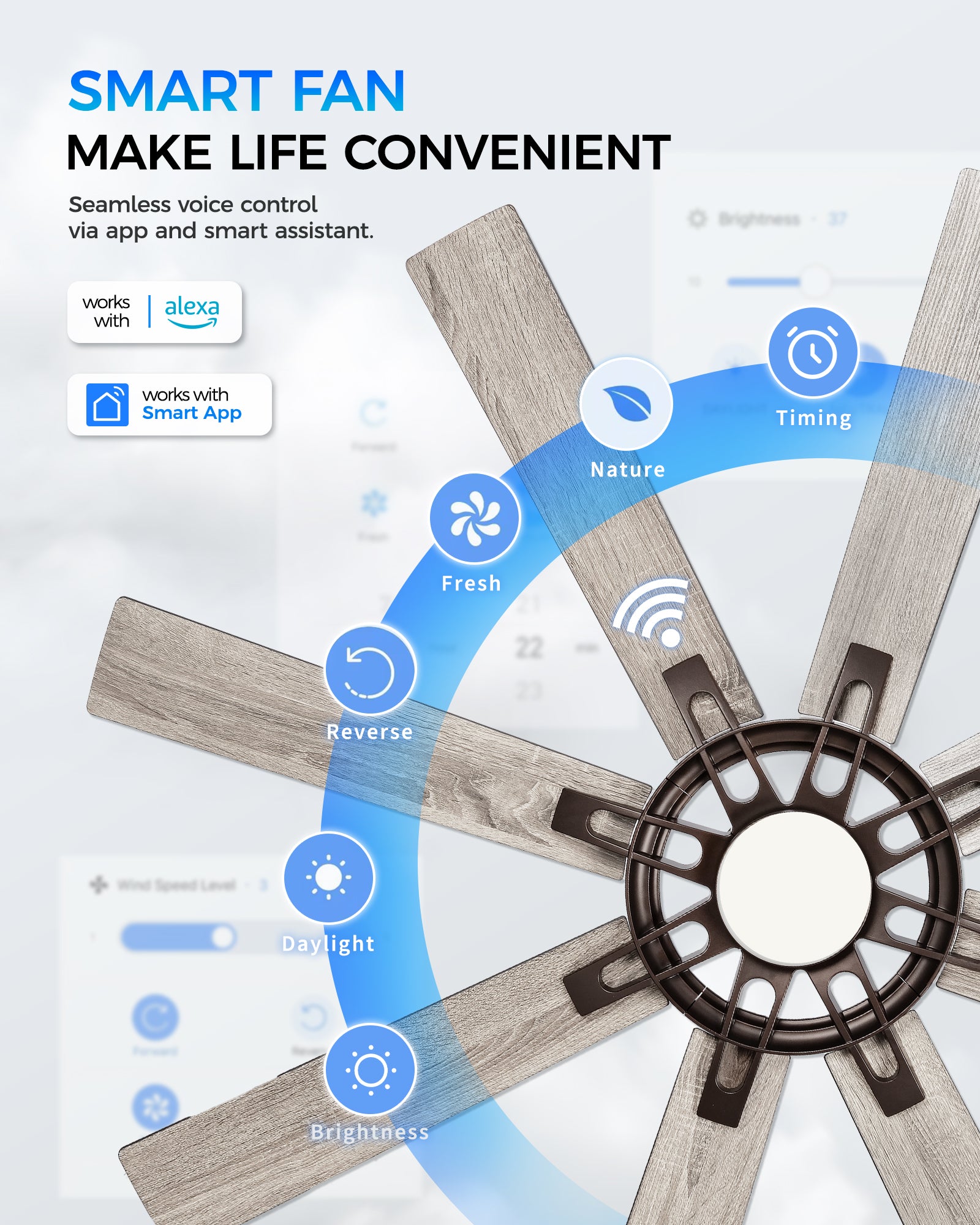 60" Smart Ceiling Fan with Light, Patented Hub Design, Plywood Blade, Alexa App Control, Bronze & Wood