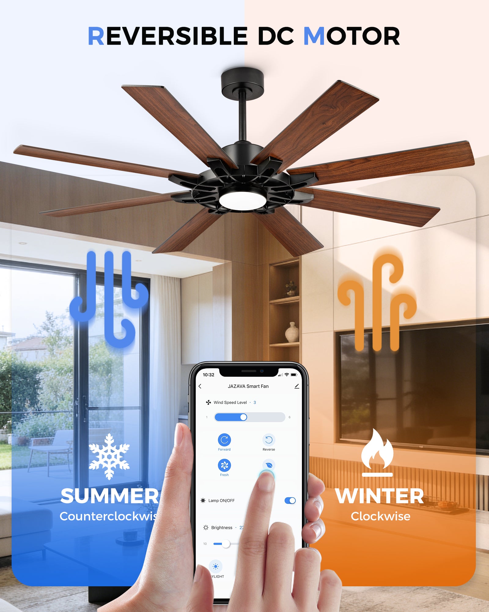60" Smart Ceiling Fan with Light, Patented Hub Design, Plywood Blade, Alexa App Control, Black & Walnut