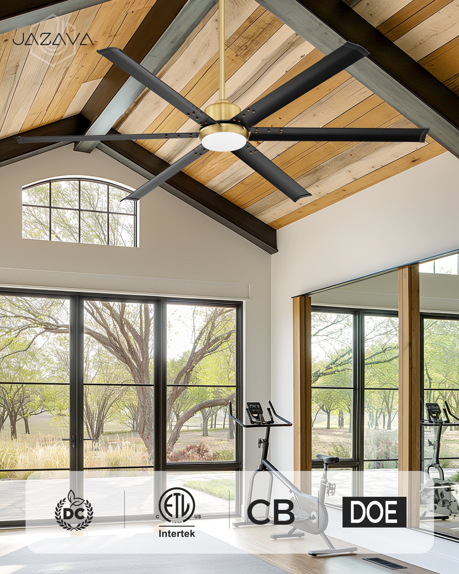 72" Industrial Ceiling Fan with Light, Aluminium Blades, Black & Gold