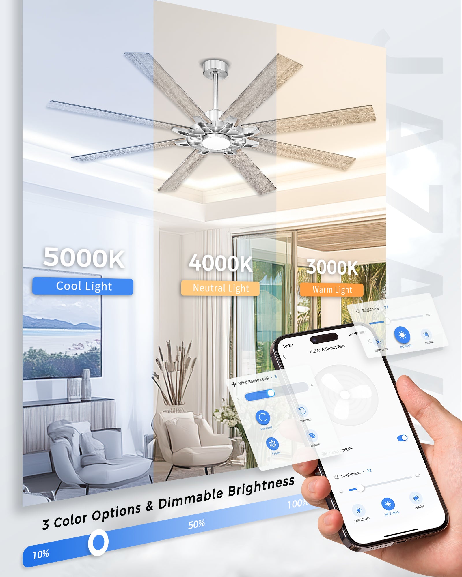 72" Smart Ceiling Fan with Light, Patented Hub Design, Plywood Blade, Alexa App Control, Brushed Nickel & Wood