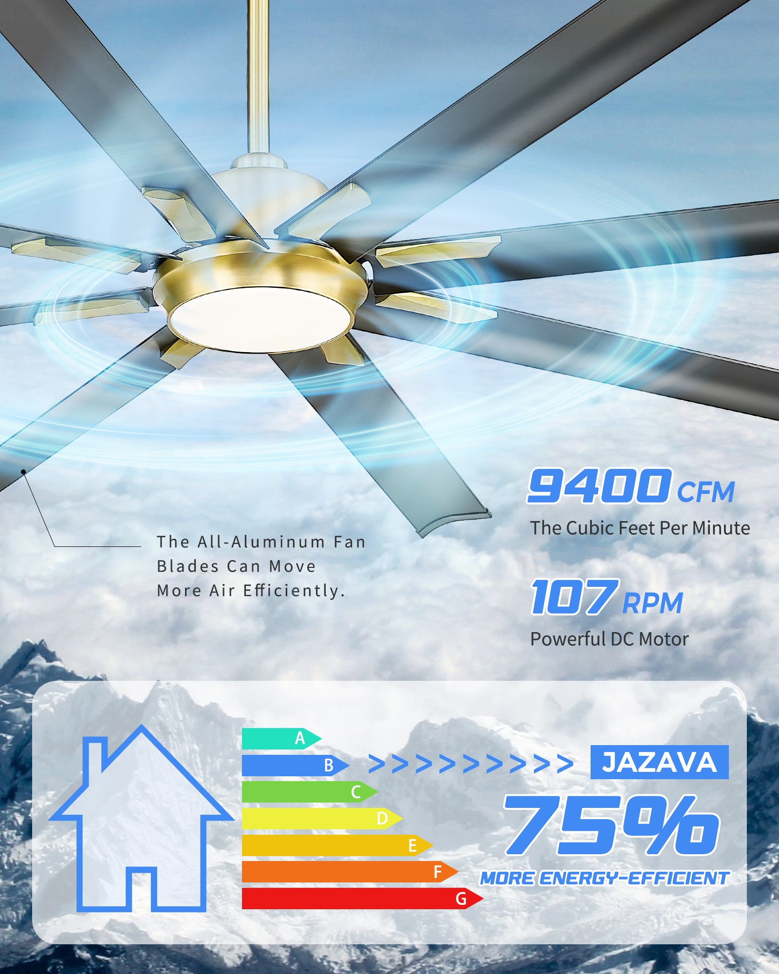 72" Smart Ceiling Fan with Light,Aluminium Blades,Works with Alexa,Black & Gold