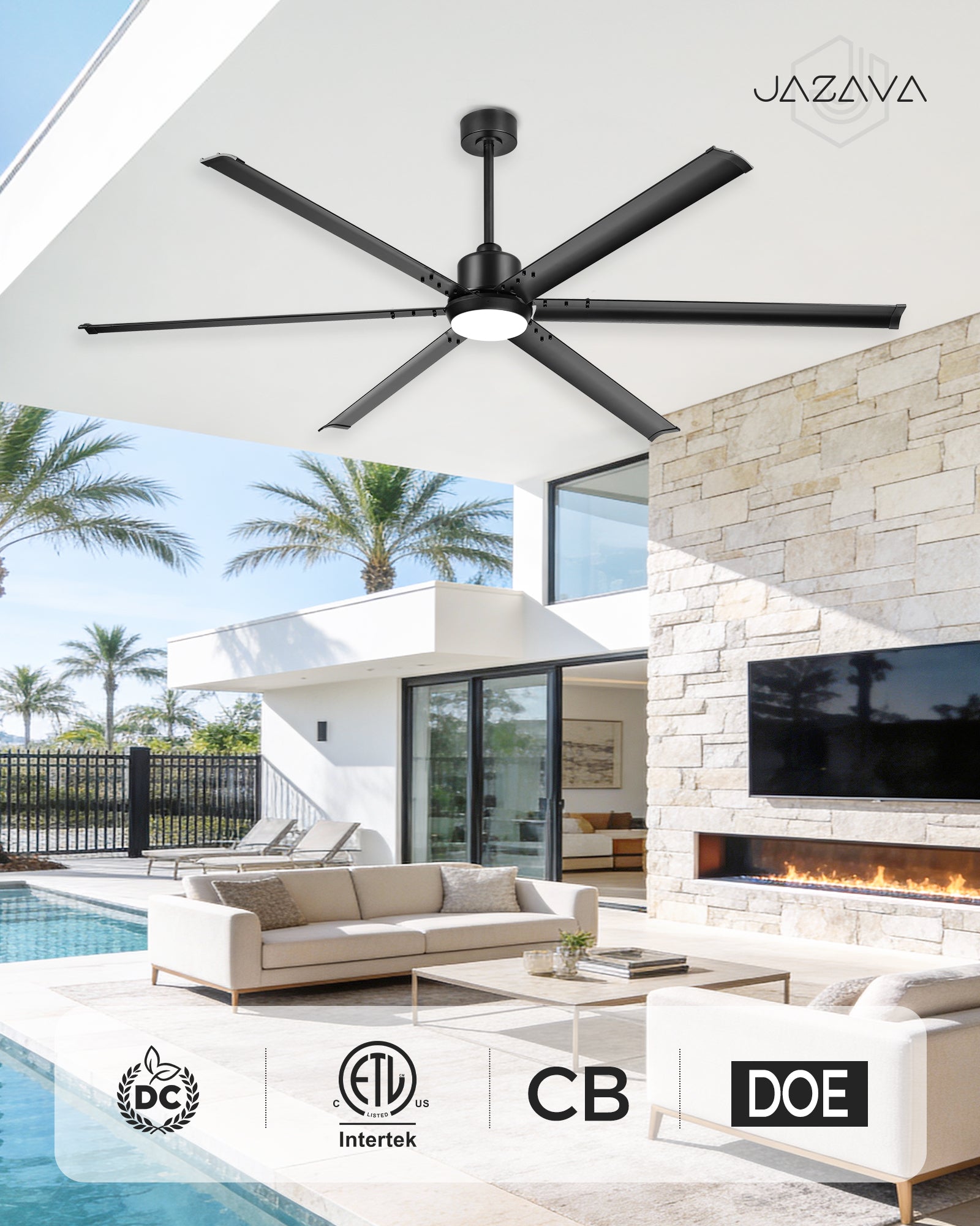 84" Industrial Ceiling Fan with Light, Aluminium Blades, Matte Black