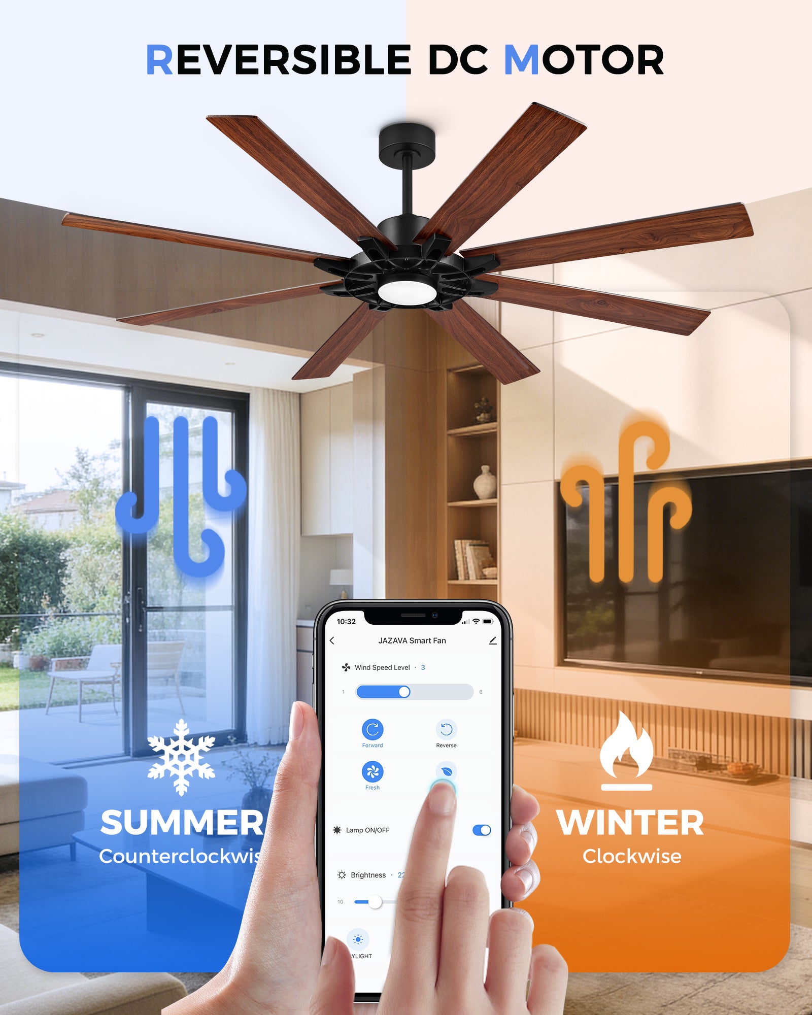 72" Smart Ceiling Fan with Light, Patented Hub Design, Plywood Blade, Alexa App Control, Black & Walnut