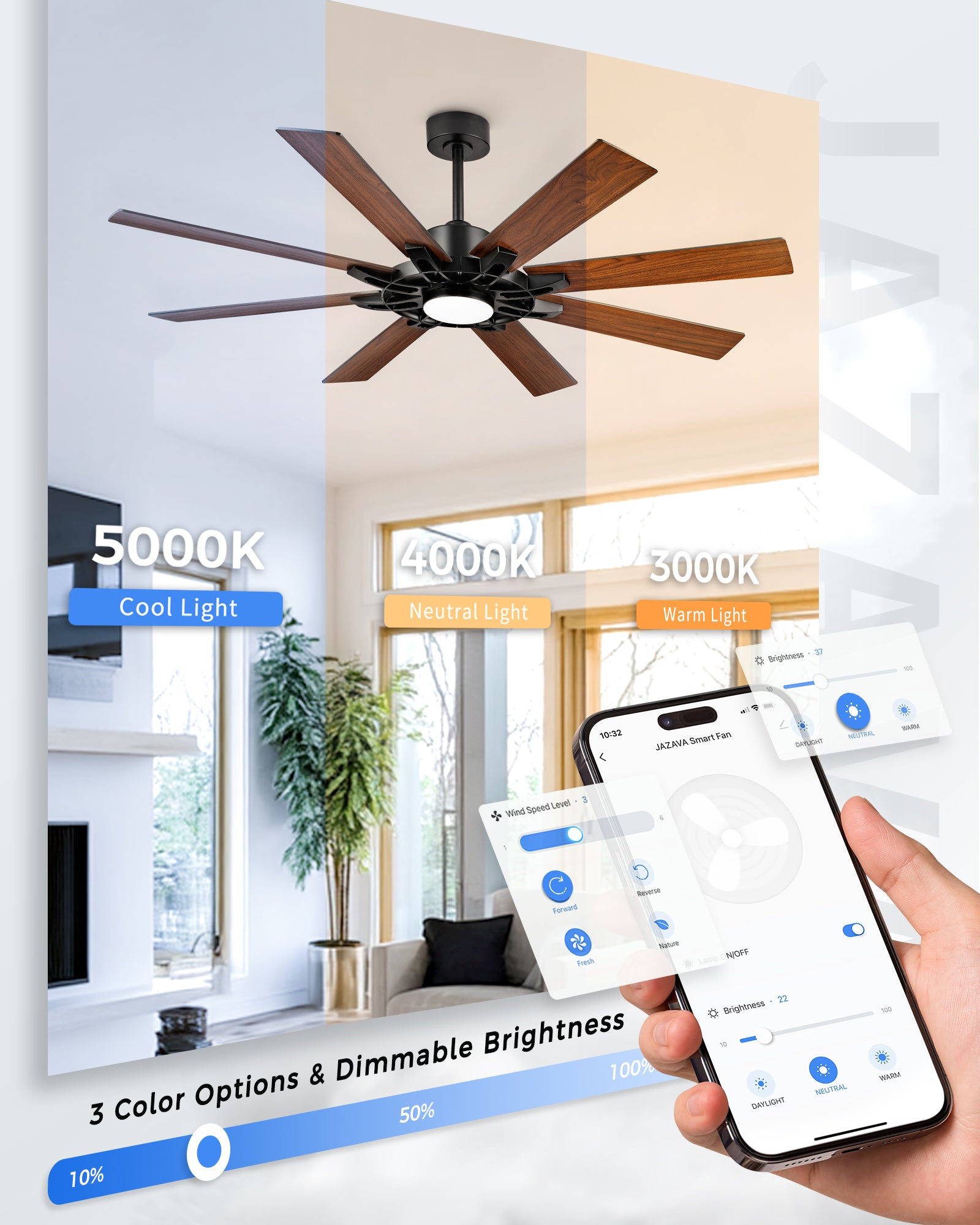 60" Smart Ceiling Fan with Light, Patented Hub Design, Plywood Blade, Alexa App Control, Black & Walnut