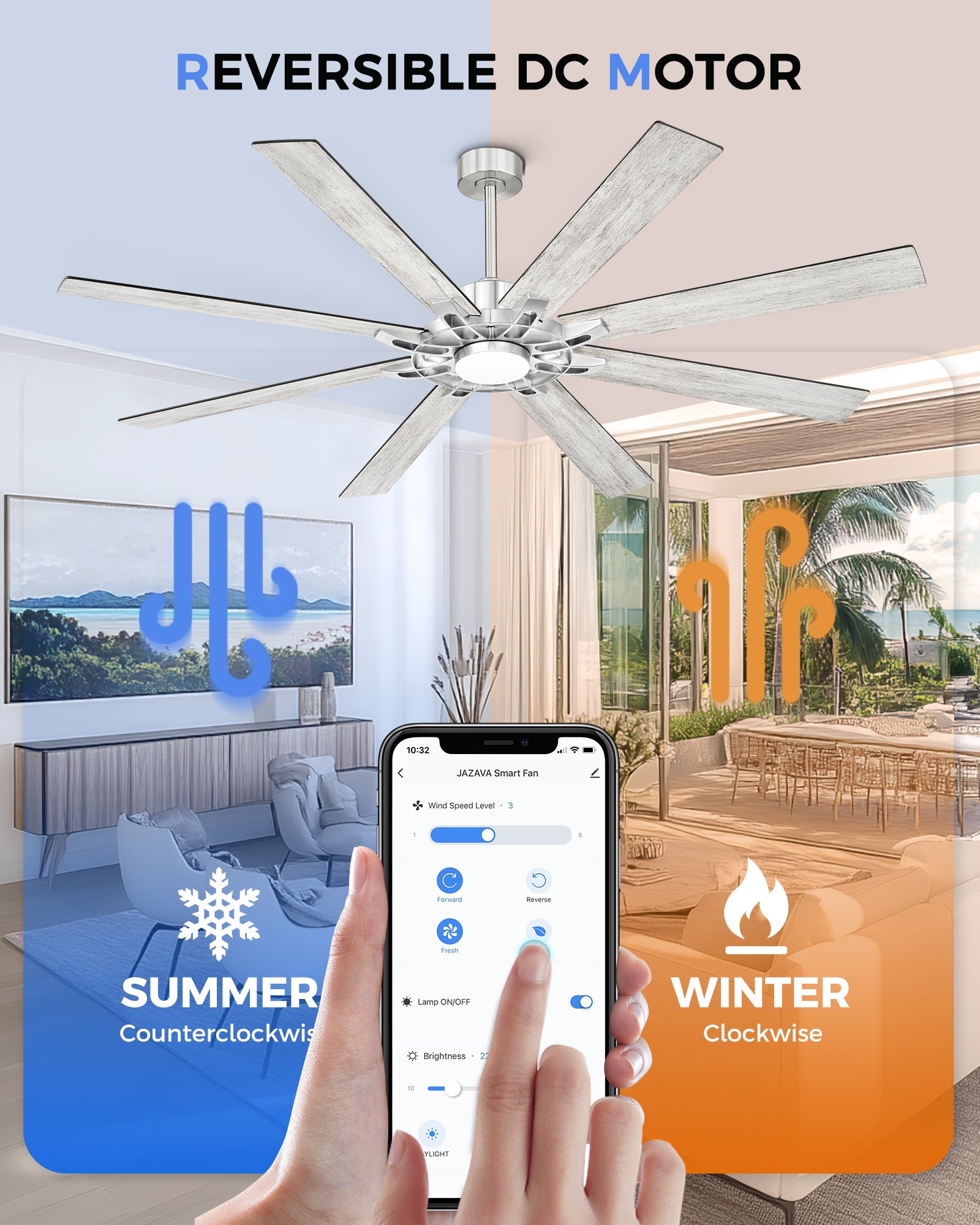 72" Smart Ceiling Fan with Light, Patented Hub Design, Plywood Blade, Alexa App Control, Brushed Nickel & Wood