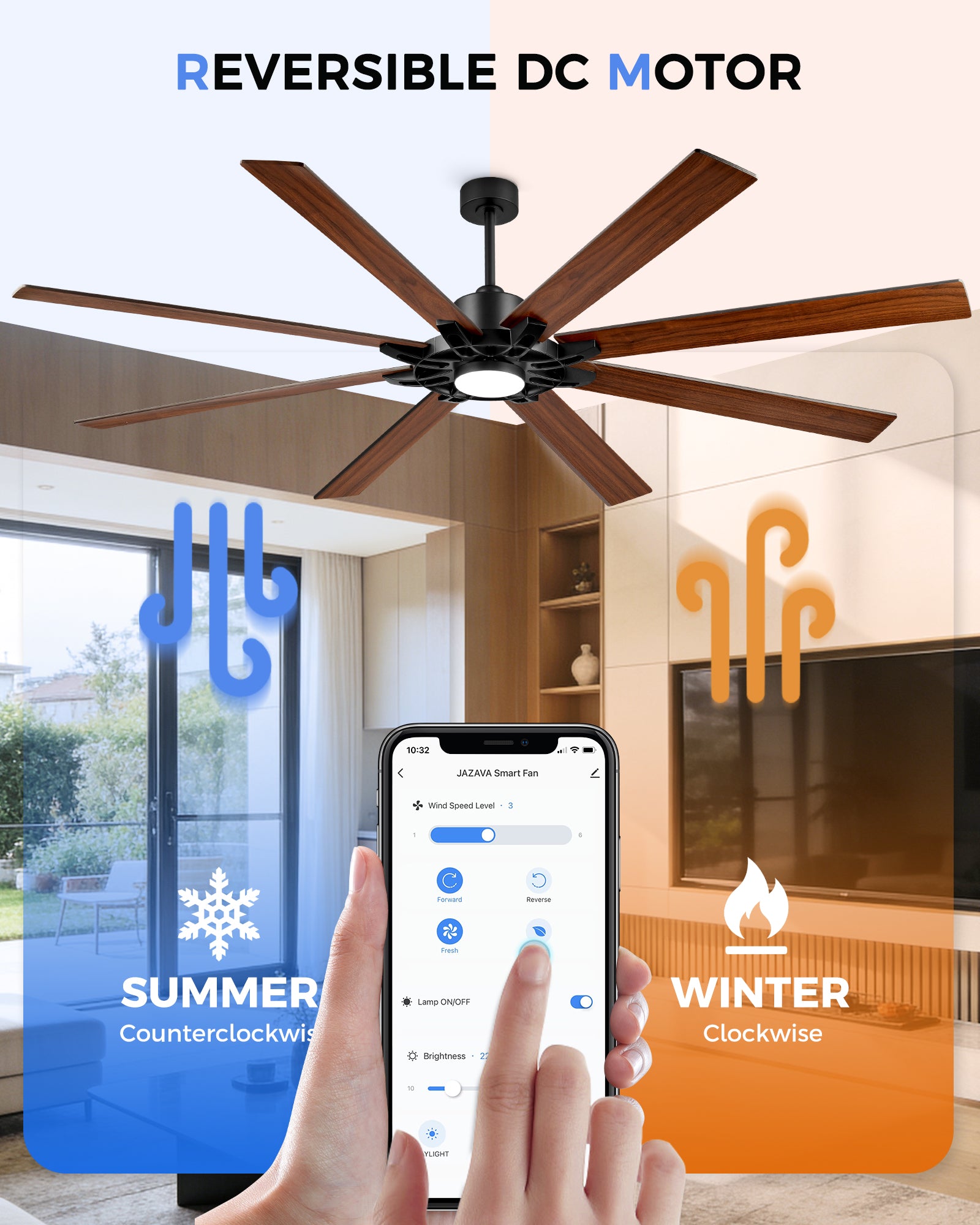 84" Smart Ceiling Fan with Light, Patented Hub Design, Plywood Blade, Alexa App Control, Black & Walnut