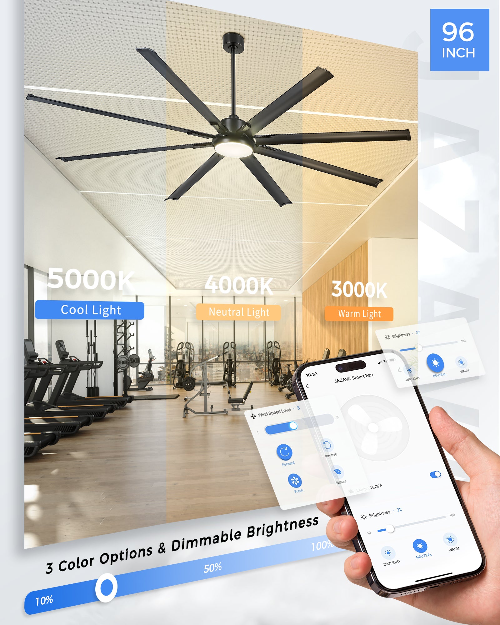 96" Smart Ceiling Fan with Light,Aluminium Blades,Works with Alexa,Matte Black