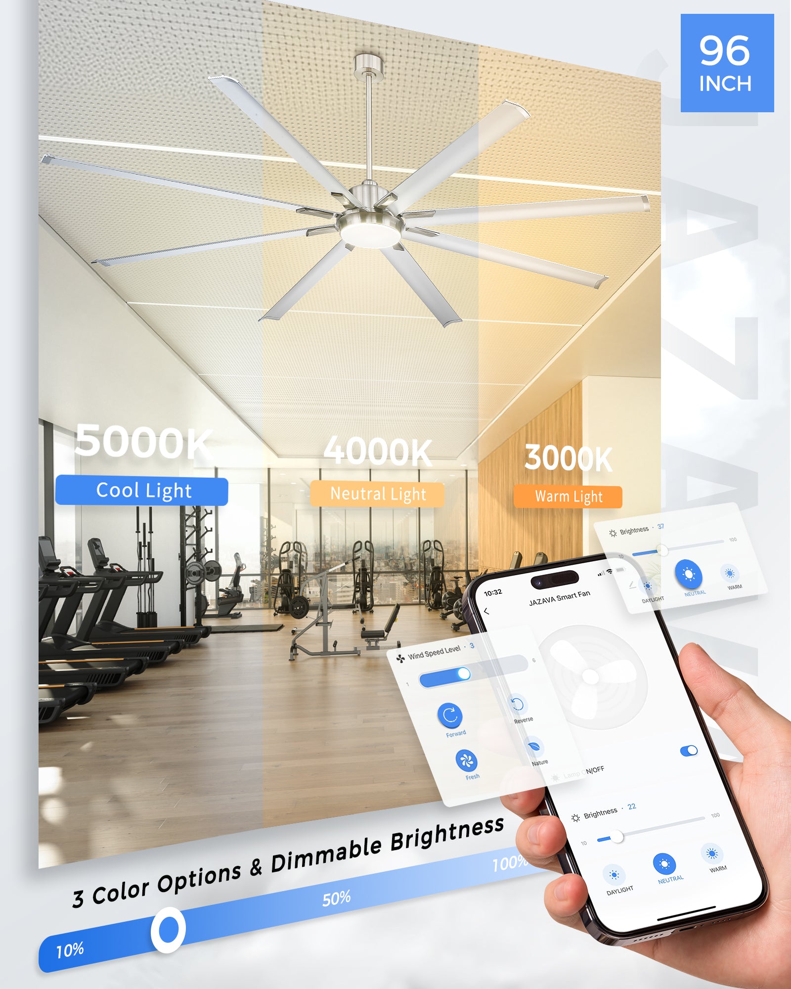 96" Smart Ceiling Fan with Light,Aluminium Blades,Works with Alexa,Brushed Nickel