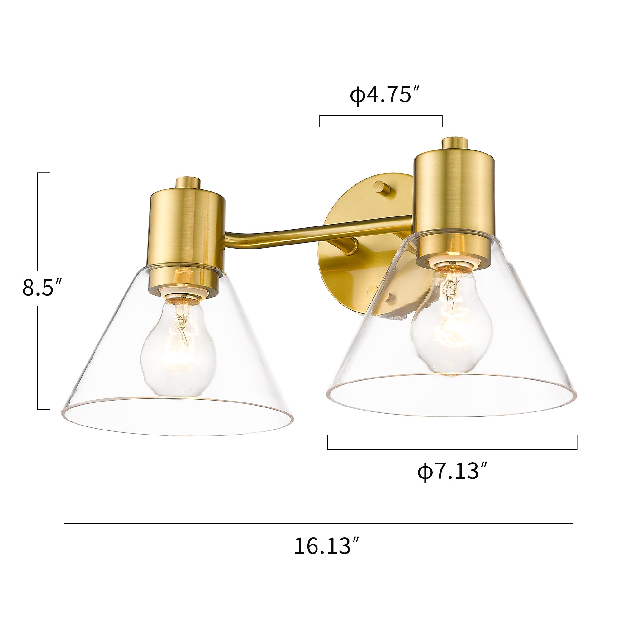 Gold Bathroom Light Fixtures with White Glass Shade - 16 inch 2-Light Vanity Light Fixtures - USAG00006
