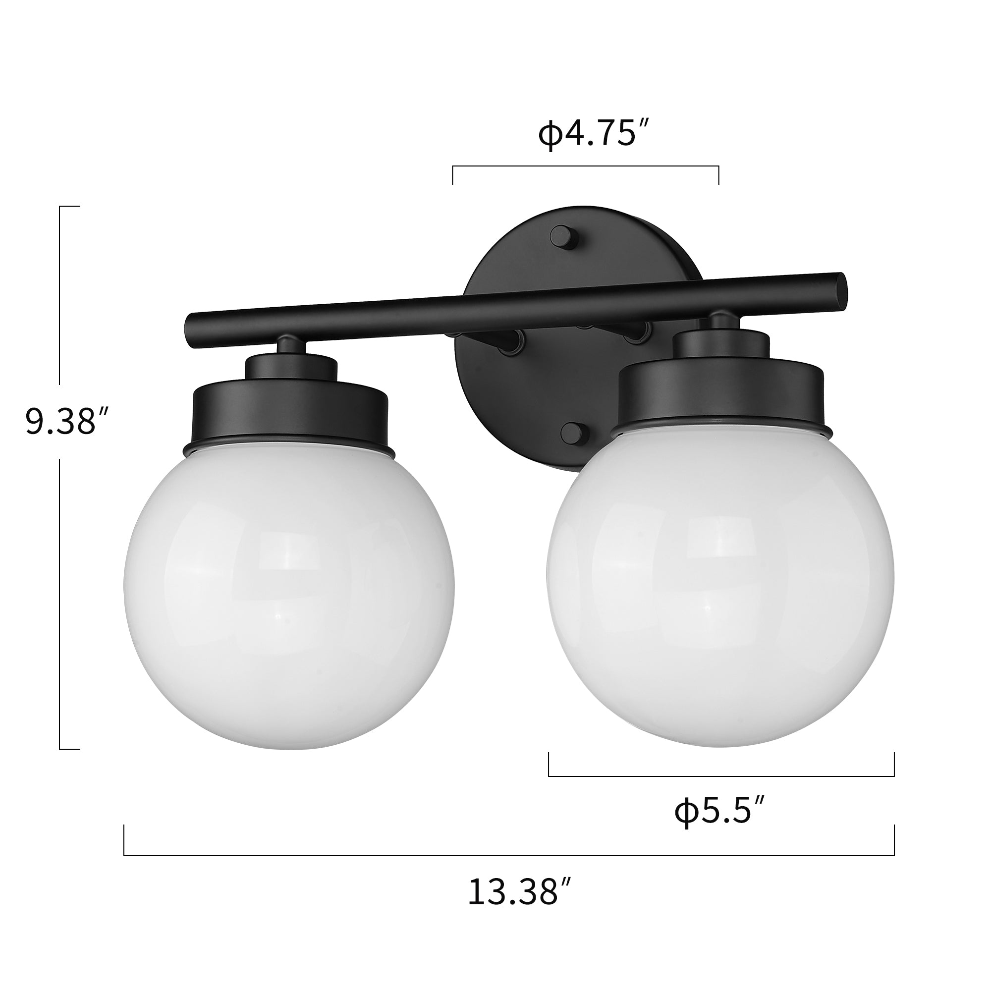 Black Globe Bathroom Light Fixtures with White Glass Shade - 13 inch 2-Light Vanity Lights - USAG00008