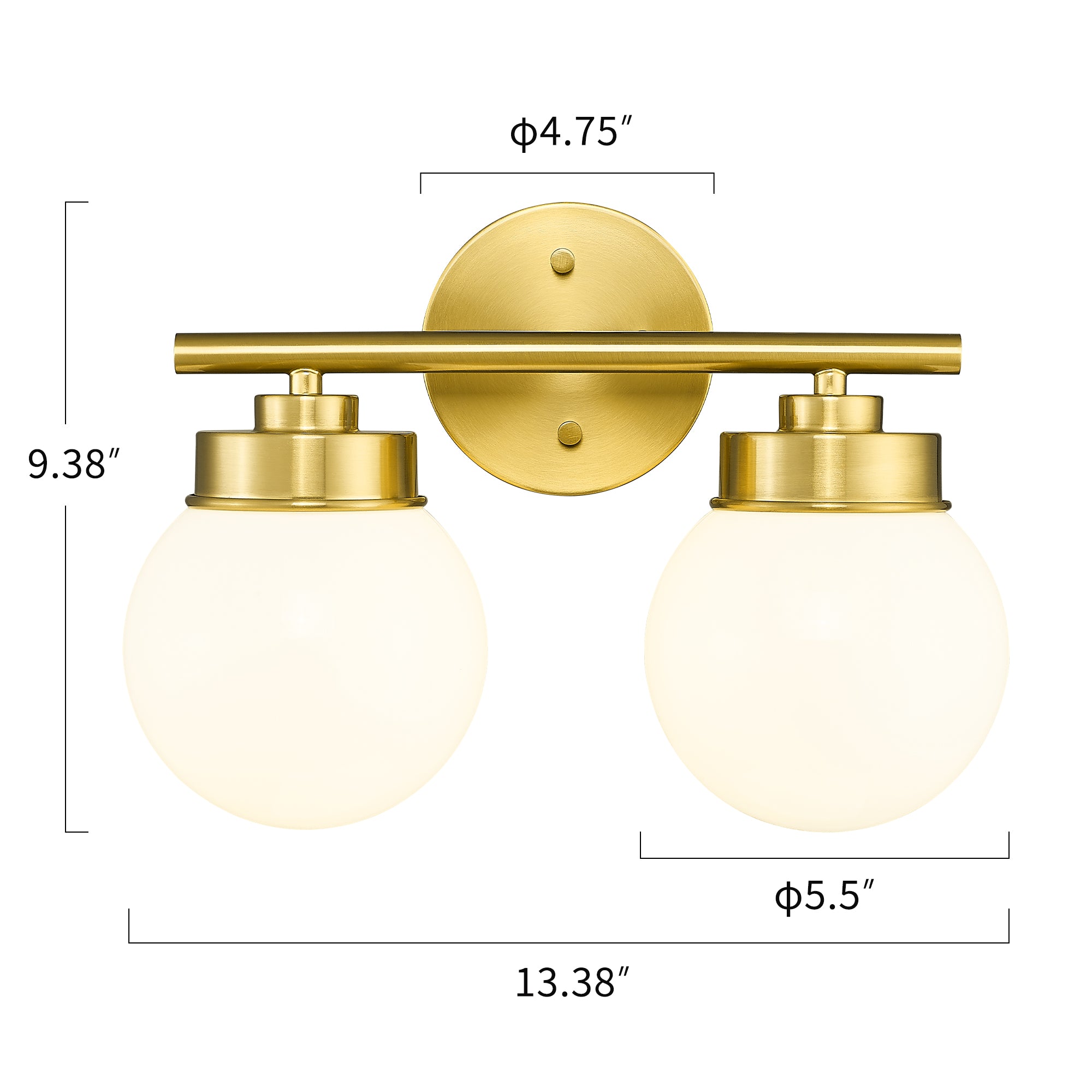 Brushed Gold Globe Bathroom Light Fixtures with White Glass Shade - 13 inch 2-Light Vanity Lights - USAG00009