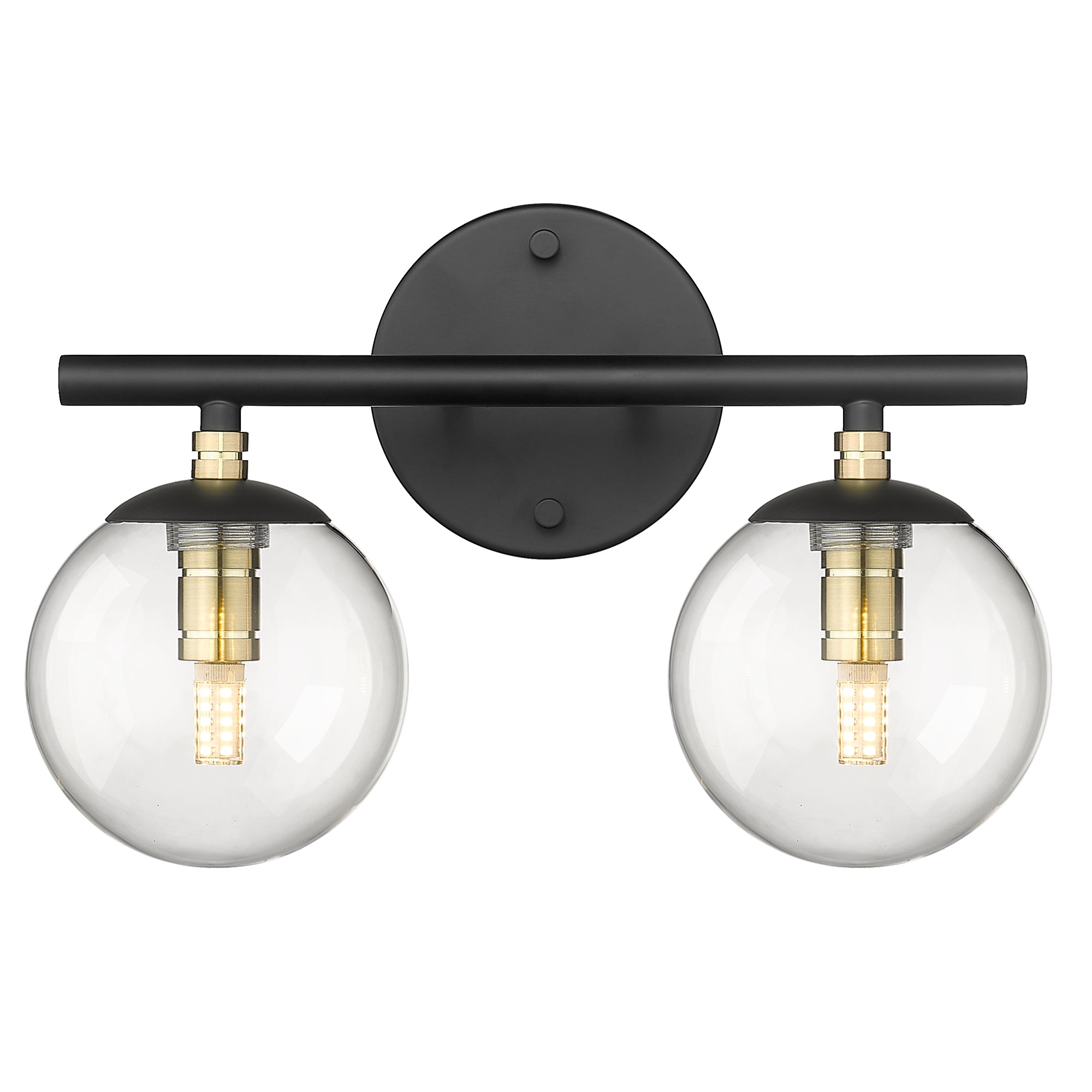 Black and Brass Gold Finish with Clear Globe Glass Light Fixtures - 13 inch 2-Light Vanity Light - USAG00011