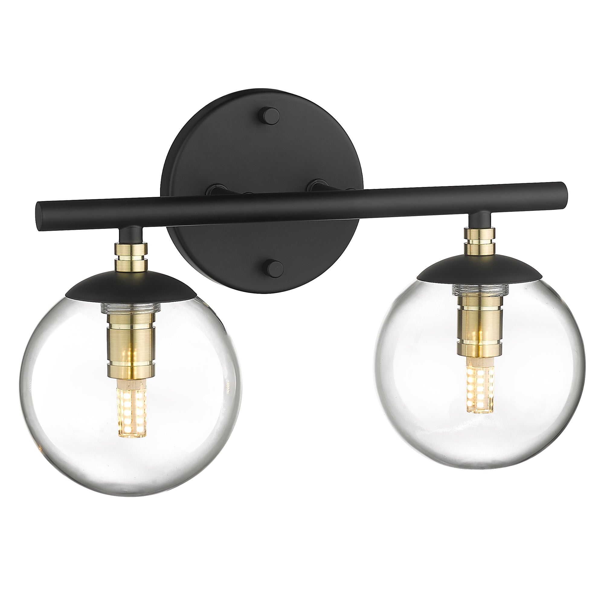 Black and Brass Gold Finish with Clear Globe Glass Light Fixtures - 13 inch 2-Light Vanity Light - USAG00011