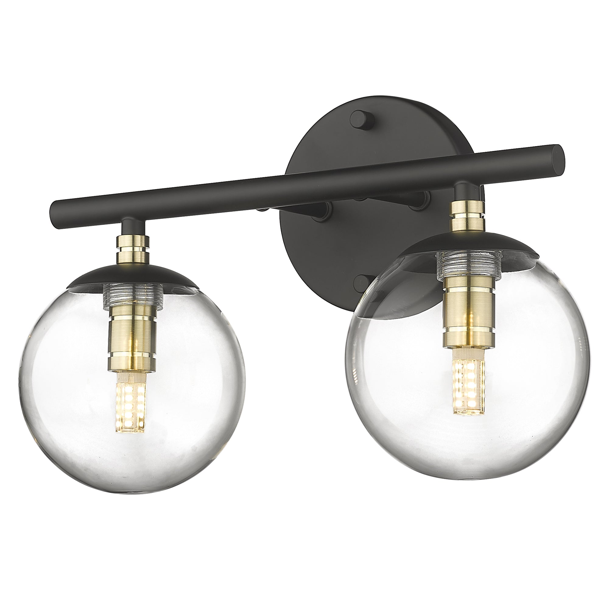 Black and Brass Gold Finish with Clear Globe Glass Light Fixtures - 13 inch 2-Light Vanity Light - USAG00011