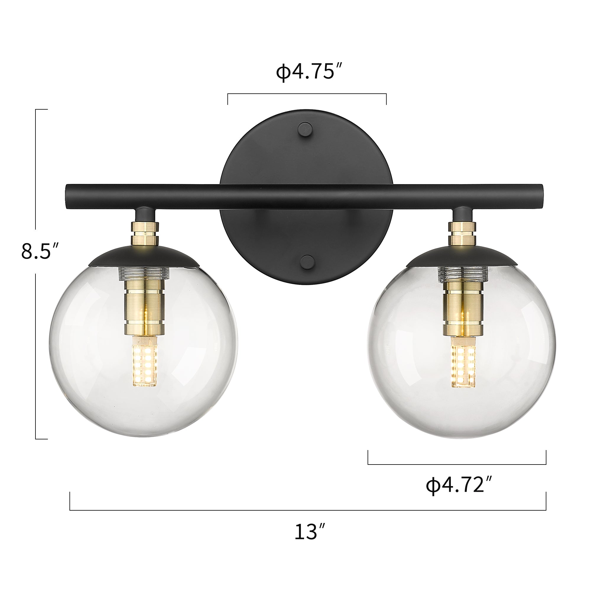 Black and Brass Gold Finish with Clear Globe Glass Light Fixtures - 13 inch 2-Light Vanity Light - USAG00011