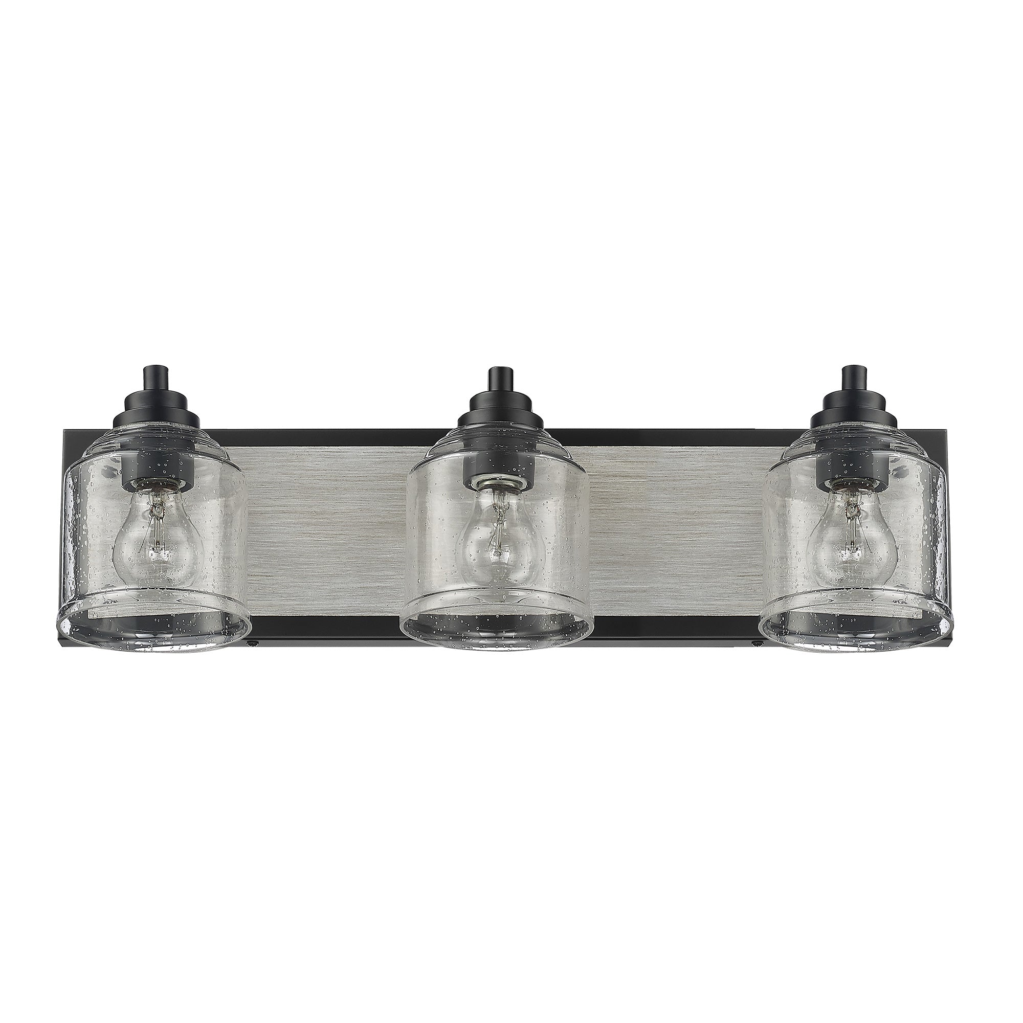 Matte Black & Wood Grain Vanity Light with Seeded Glass Shades - 23 inch 3-Light Bathroom Vanity Light Fixtures - USAG00047