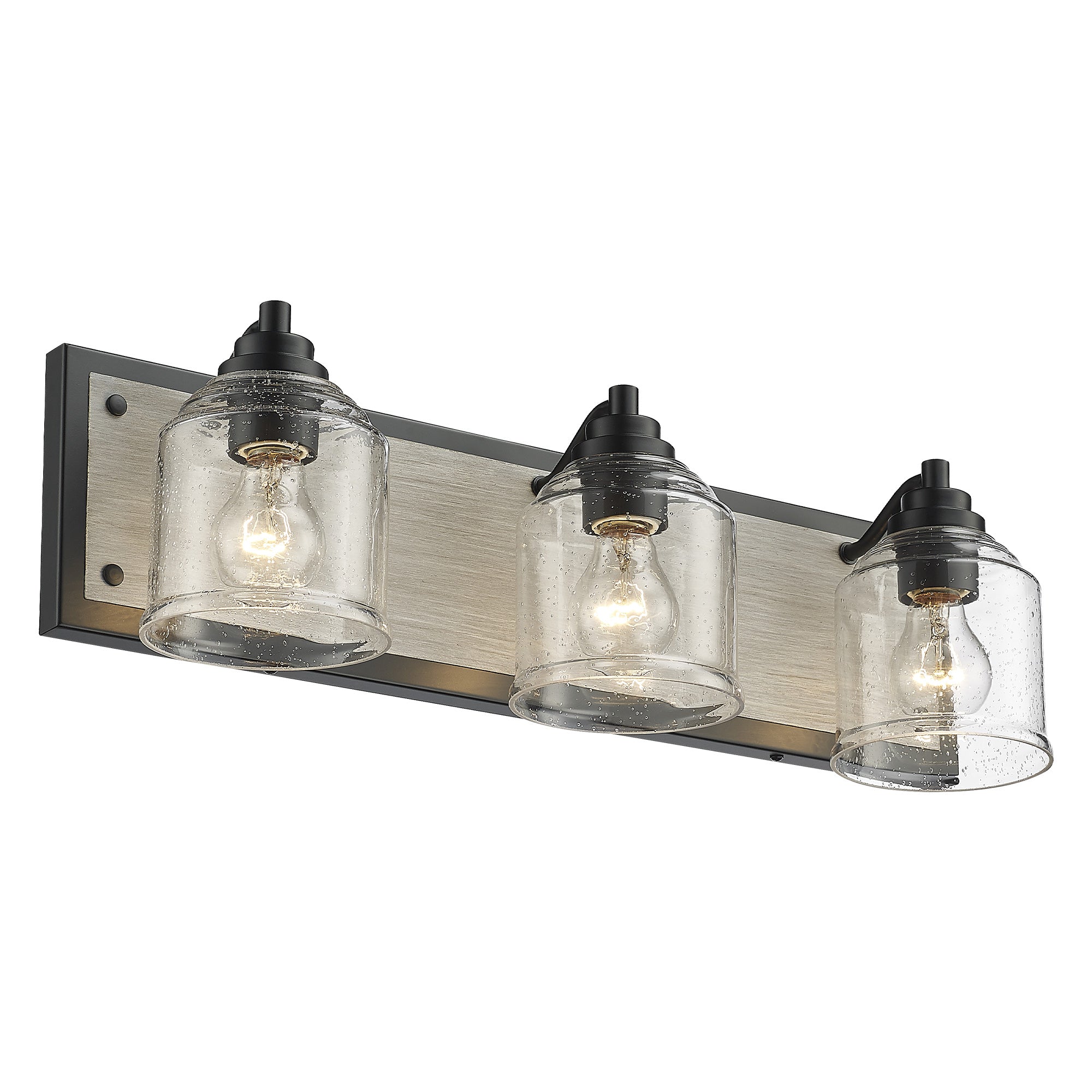 Matte Black & Wood Grain Vanity Light with Seeded Glass Shades - 23 inch 3-Light Bathroom Vanity Light Fixtures - USAG00047