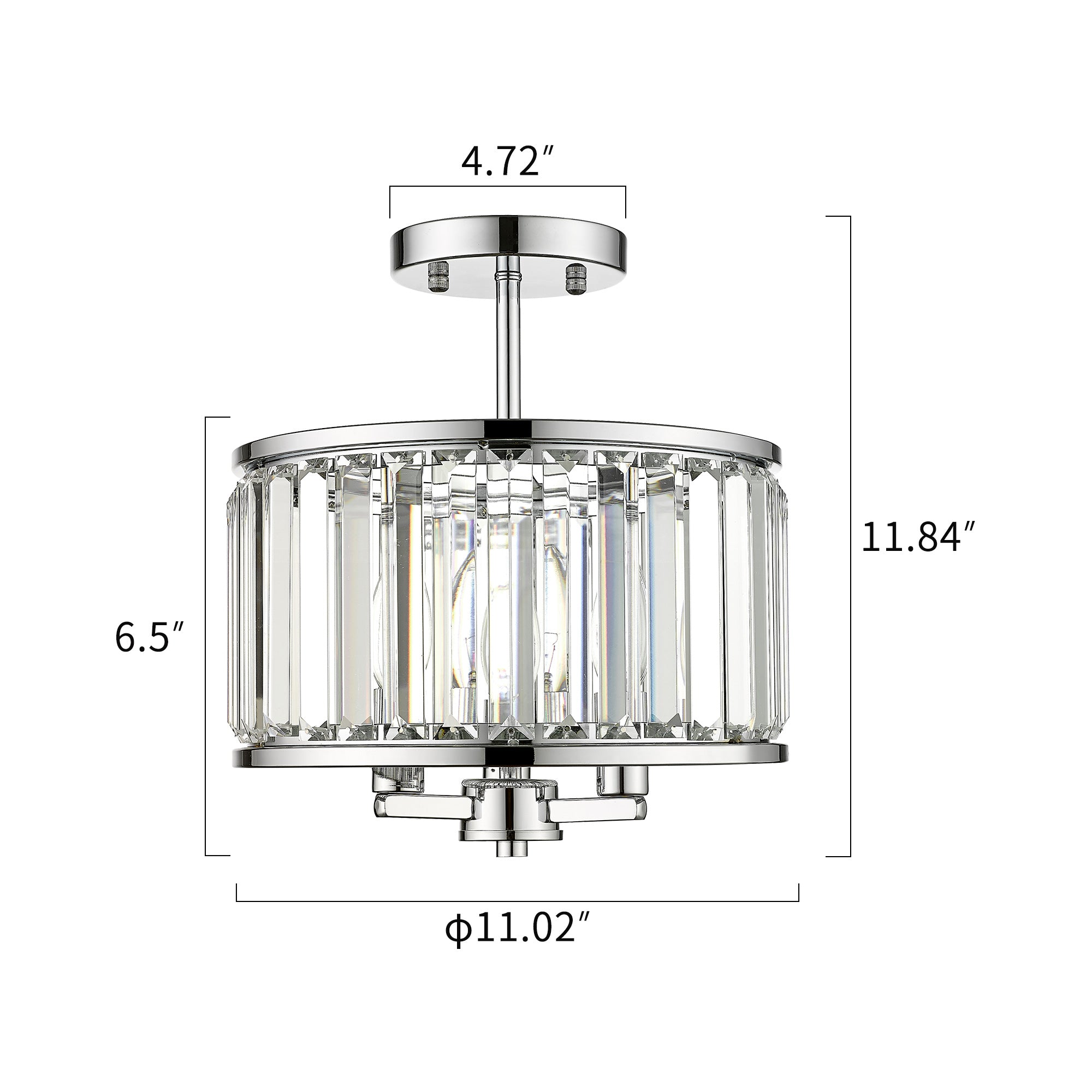 Brushed Nickel Glass & Metal - 11 Inch Crystal Light Fixture 3-Light Modern Lamps with Matte Black Finish for Bathroom, Dinning Room Hallway Bedroom Semi Flush Mount Ceiling Light Fixture - USAG00052