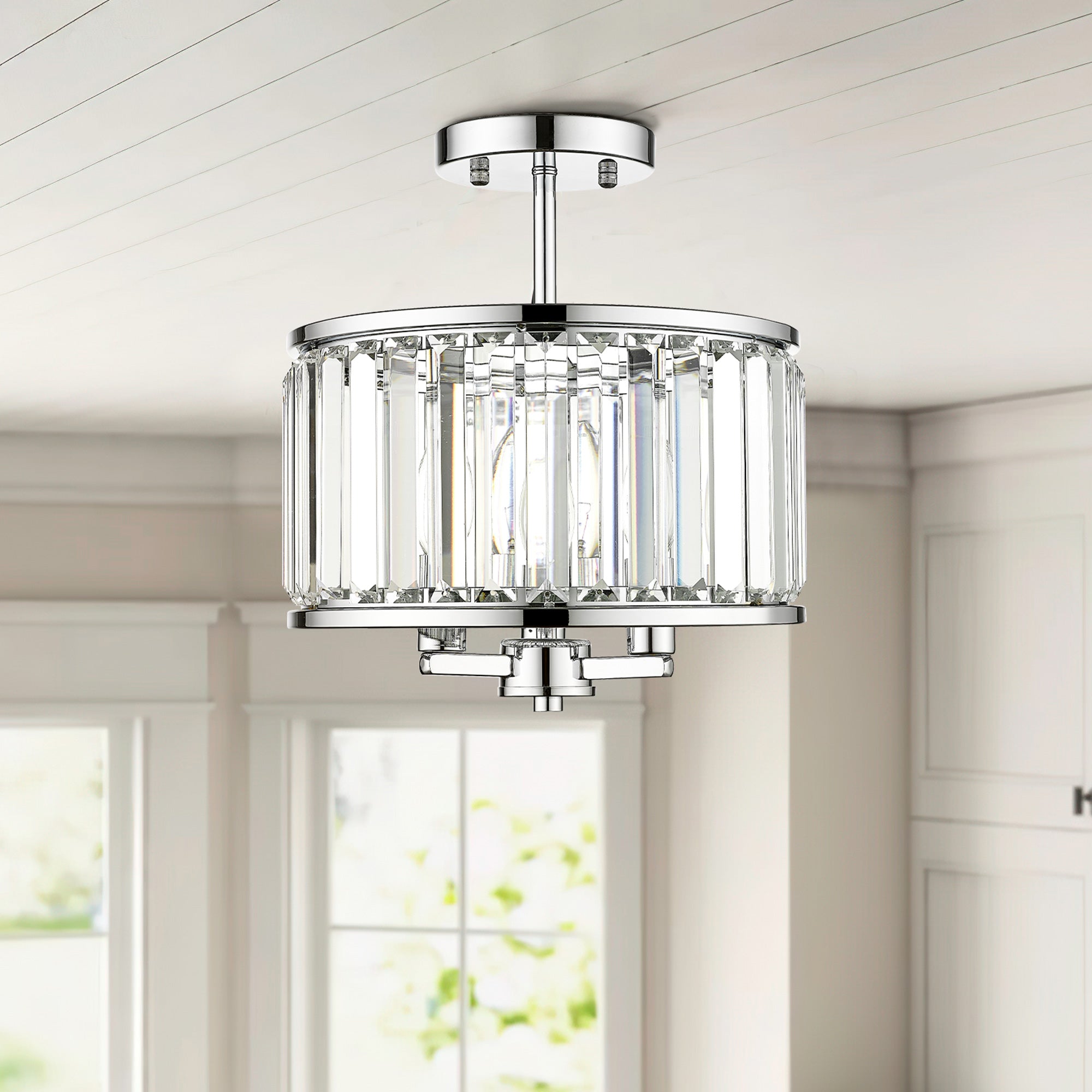 Brushed Nickel Glass & Metal - 11 Inch Crystal Light Fixture 3-Light Modern Lamps with Matte Black Finish for Bathroom, Dinning Room Hallway Bedroom Semi Flush Mount Ceiling Light Fixture - USAG00052