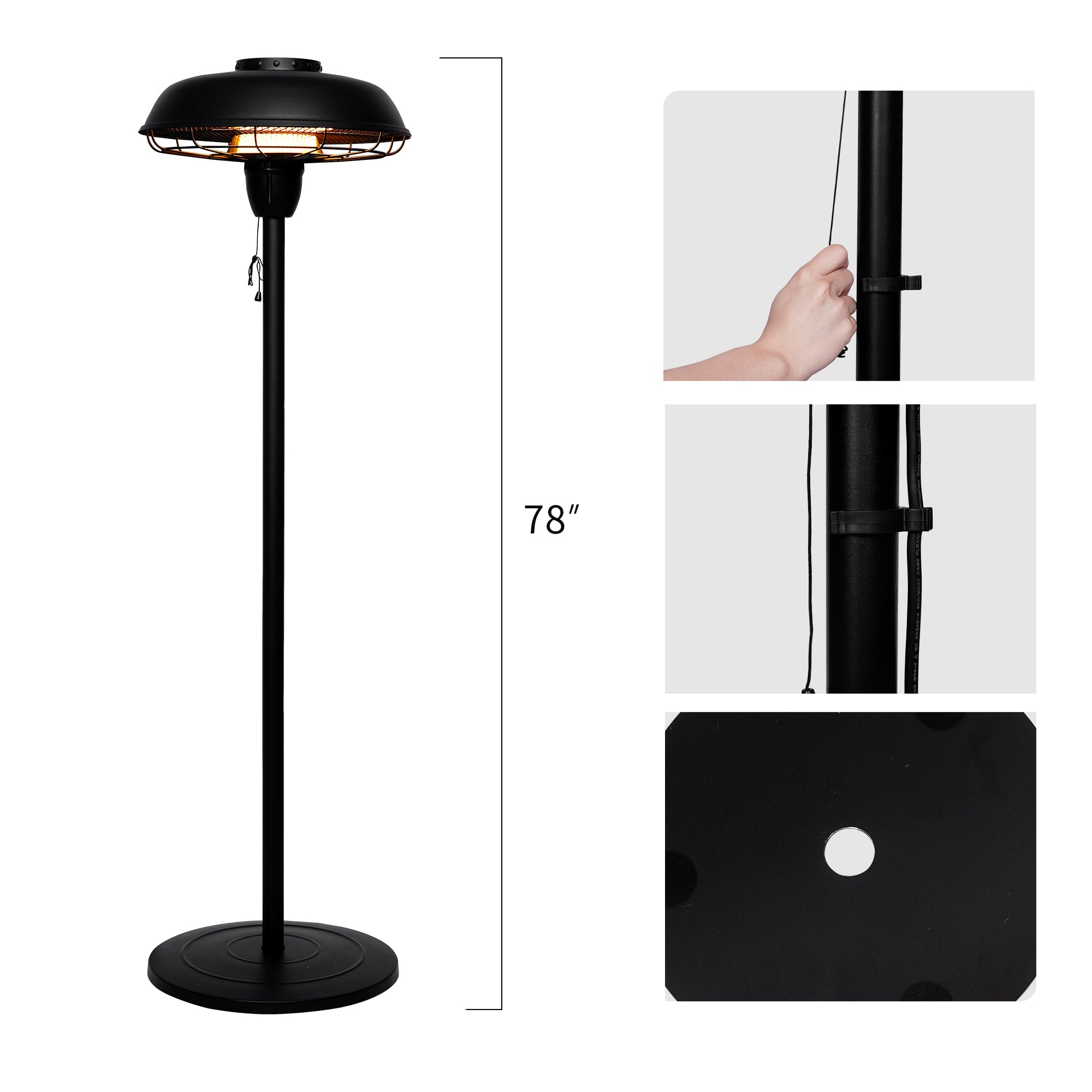 Outdoor Electric Patio Heater - USAG00090 - 1500W Infrared Patio Heater With UFO Shape Sandy Black Finish, Adjustable Height, IP44 Waterproof
