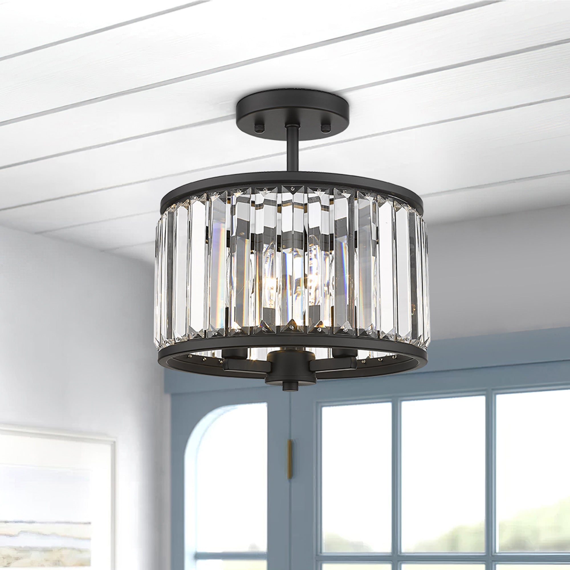 Matte Black Glass & Metal - 11 Inch Crystal Light Fixture 3-Light Modern Lamps with Matte Black Finish for Bathroom, Dinning Room Hallway Bedroom Semi Flush Mount Ceiling Light Fixture - USAG00118