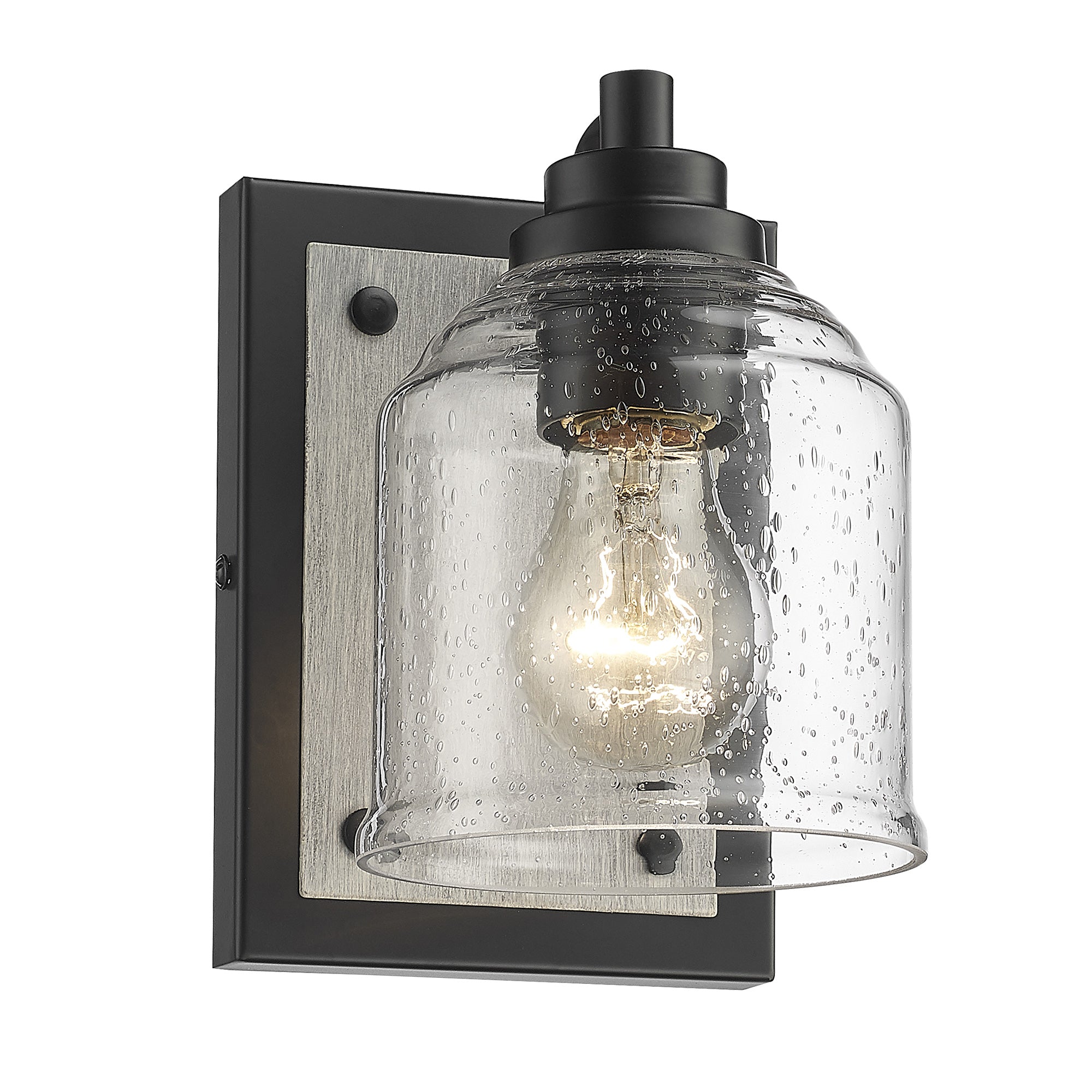 Matte Black & Wood Grain Vanity Light with Seeded Glass Shades - 5 inch Bathroom Wall Sconce Vanity Light - USAG00241