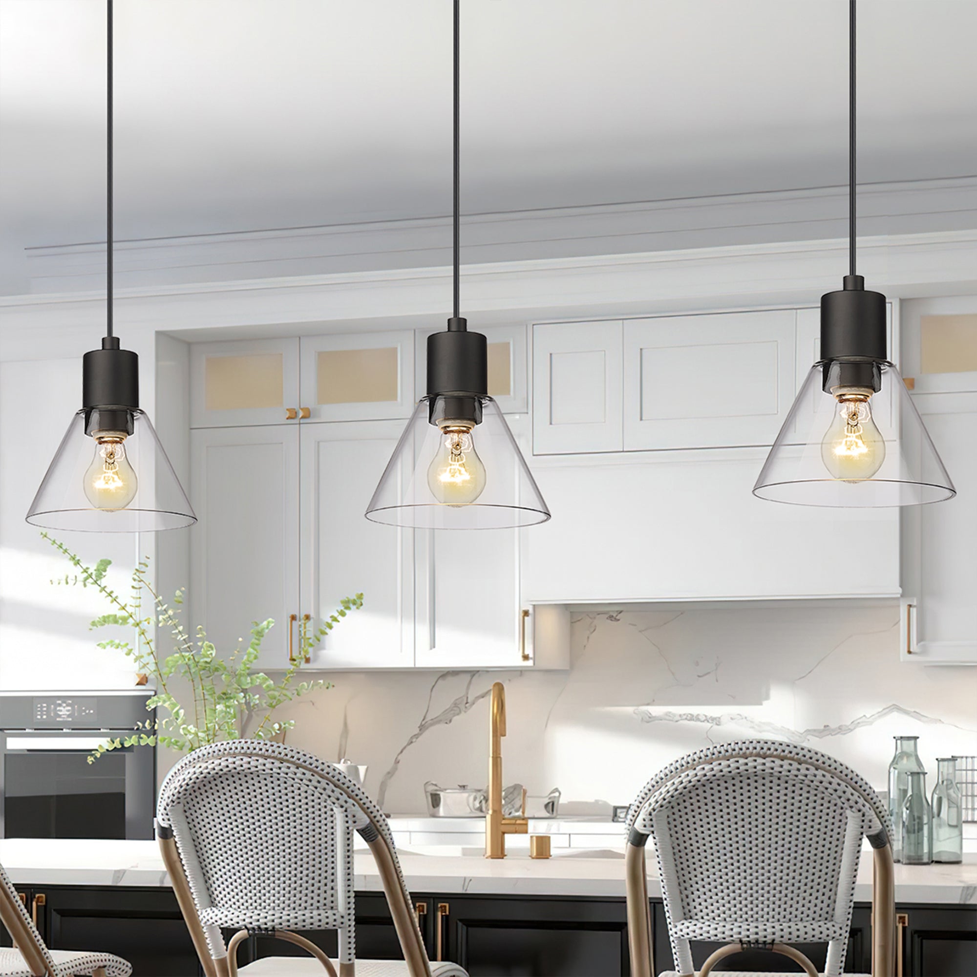 Modern Kitchen Island Lighting with Clear Glass Shade in Matte Black Finish - 7 inch Pendant Hanging Lights - USAG00318