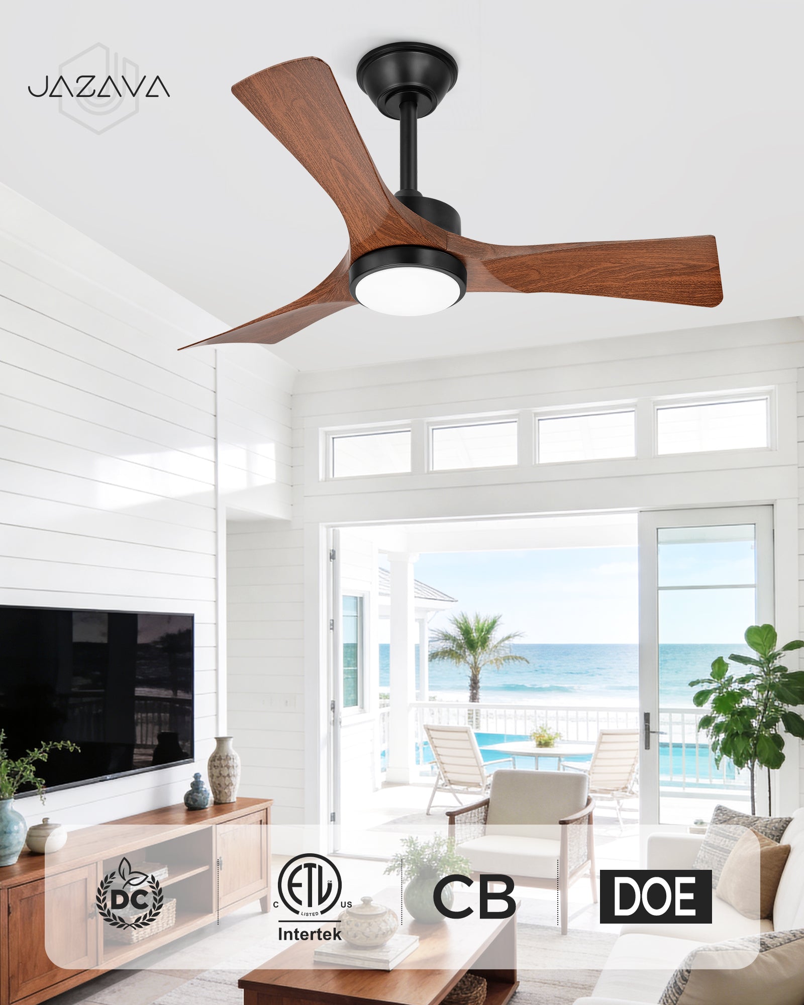 42" Coastal Ceiling Fan with Light, Corrosion-Resistant, Quiet DC Motor, 3CCT LED, Remote Control, Walnut