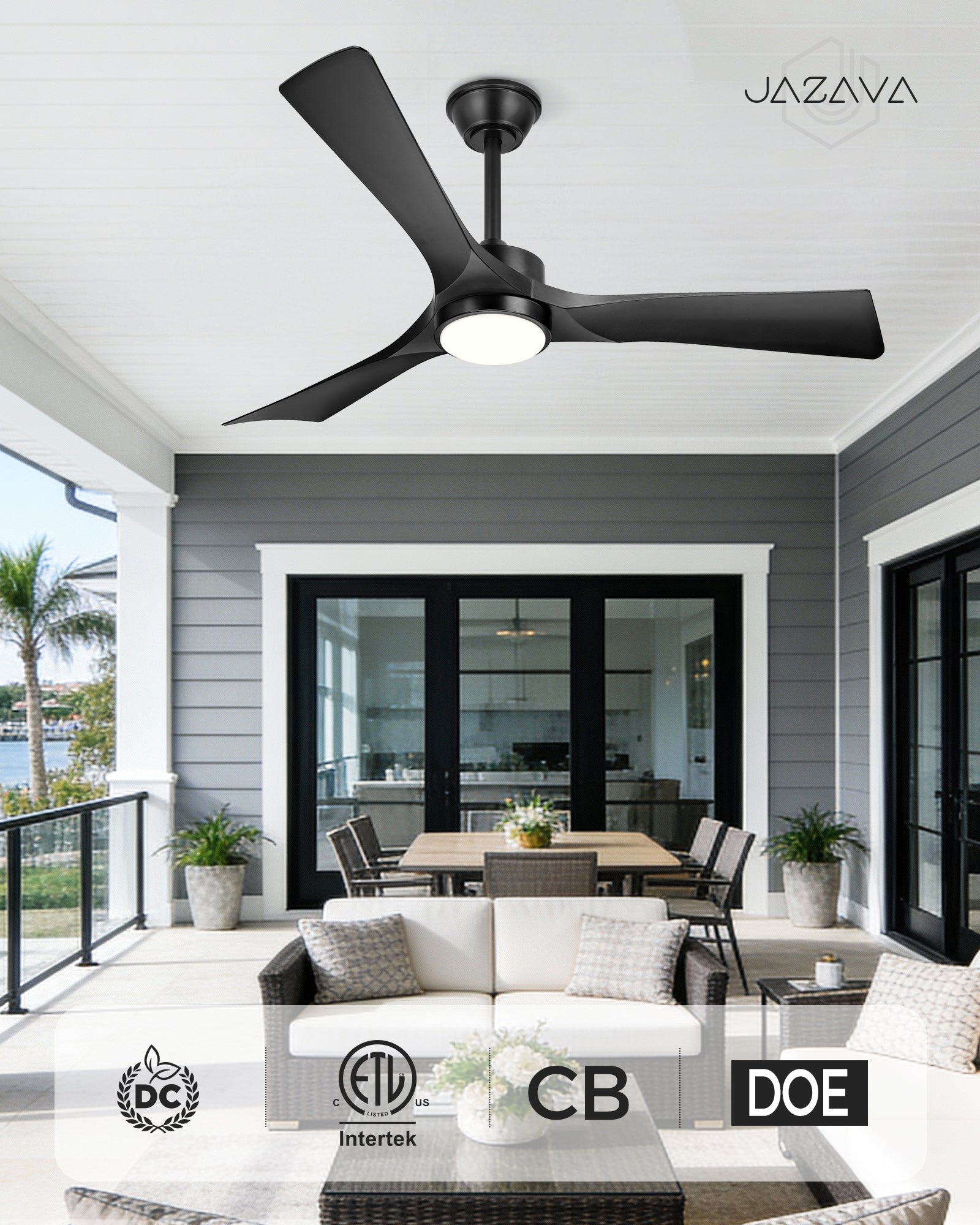 52" Coastal Ceiling Fan with Light, Corrosion-Resistant, Quiet DC Motor, 3CCT LED, Remote Control, Black