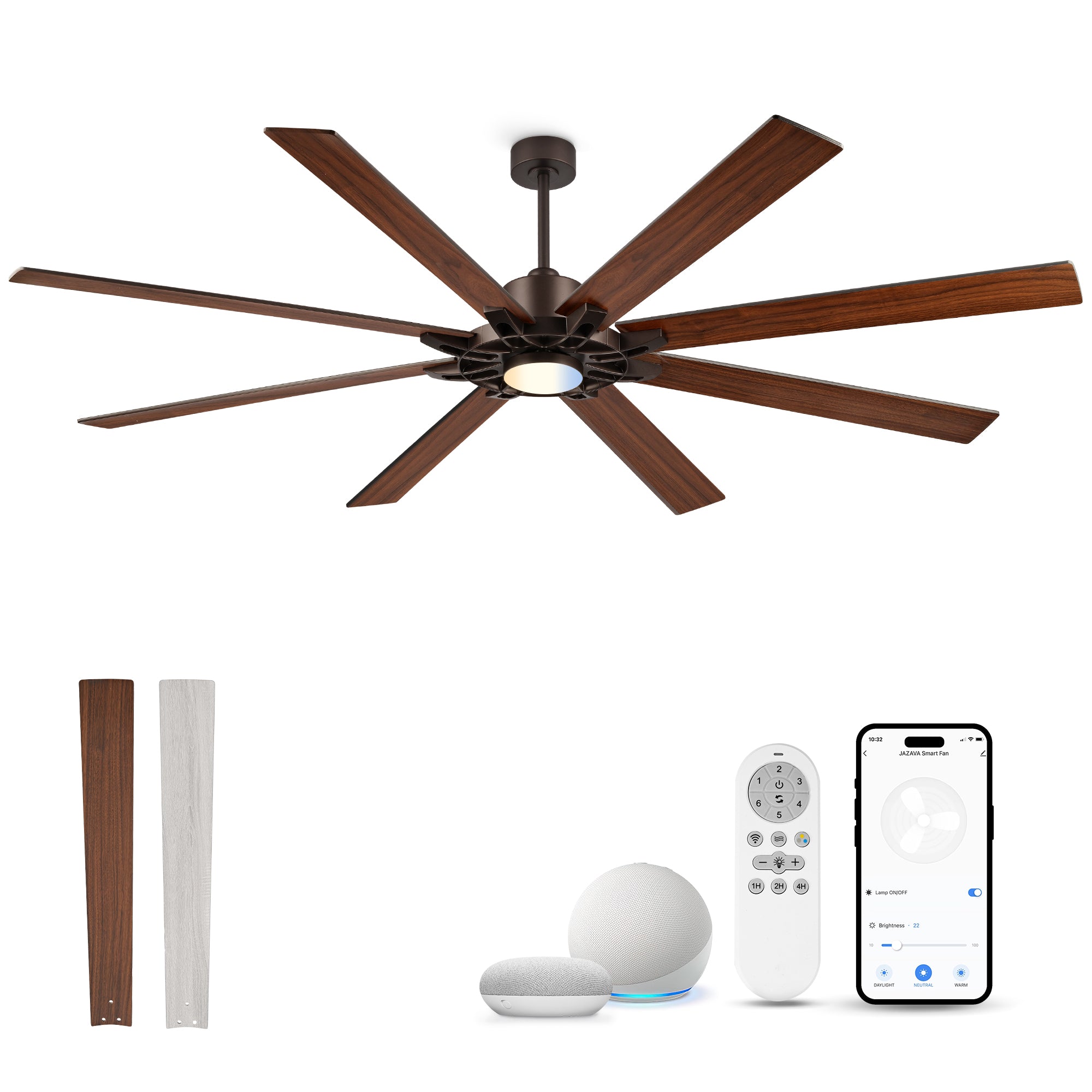 84" Smart Ceiling Fan with Light, Patented Hub Design, Plywood Blade, Alexa App Control, Bronze & Wood