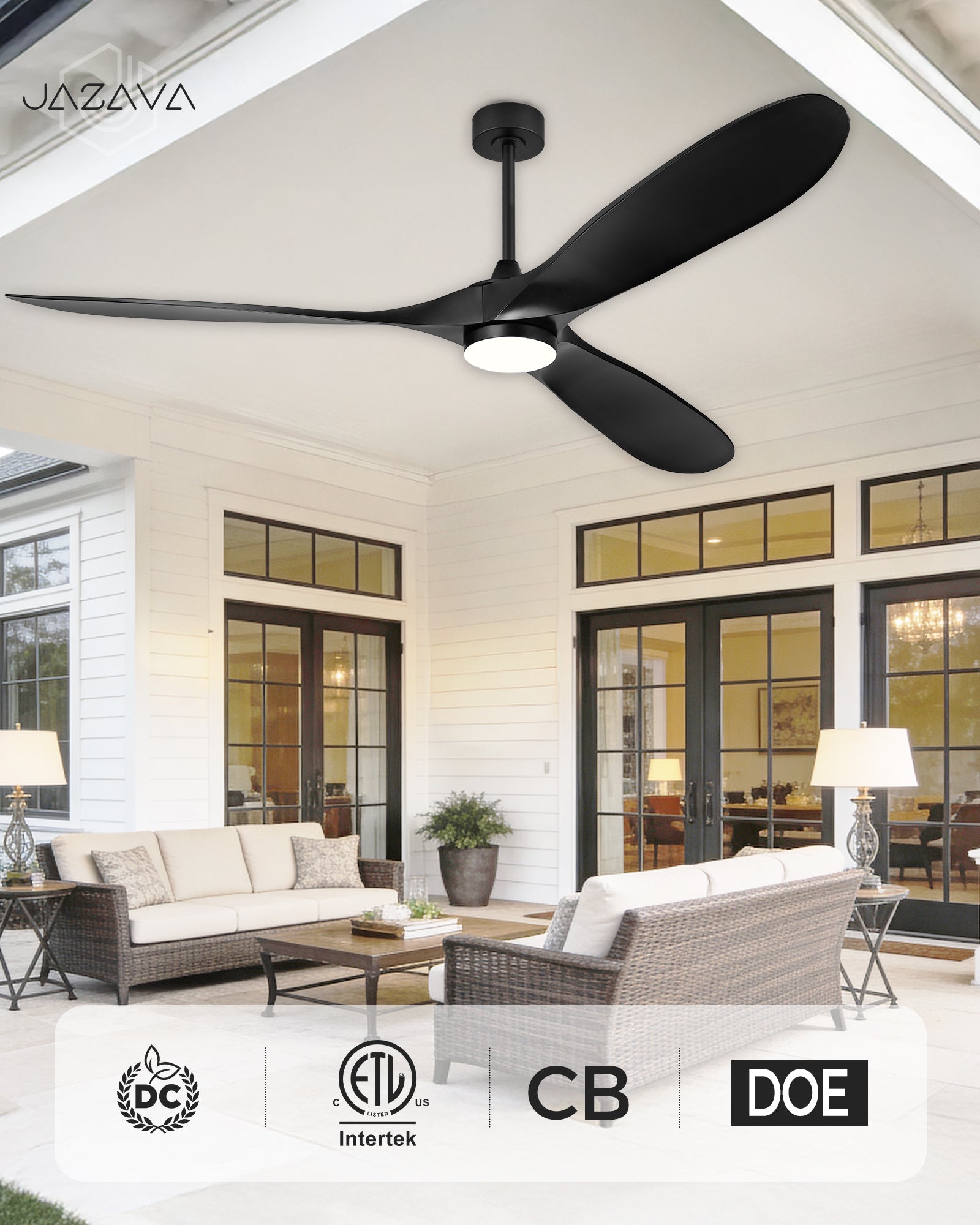 70" Coastal Ceiling Fan with Light, Corrosion-Resistant, Quiet DC Motor, 3CCT LED, Remote Control, Black