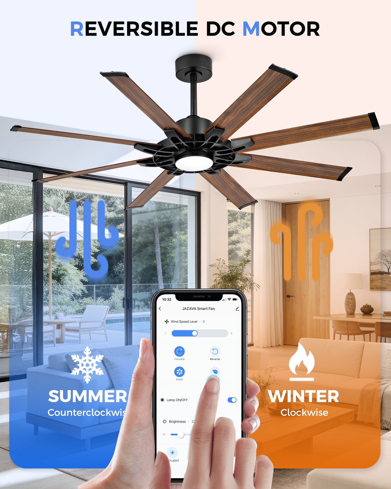 60" Smart Ceiling Fan with Light, Patented Hub Design, Aluminium Blade, Alexa App Control, Walnut