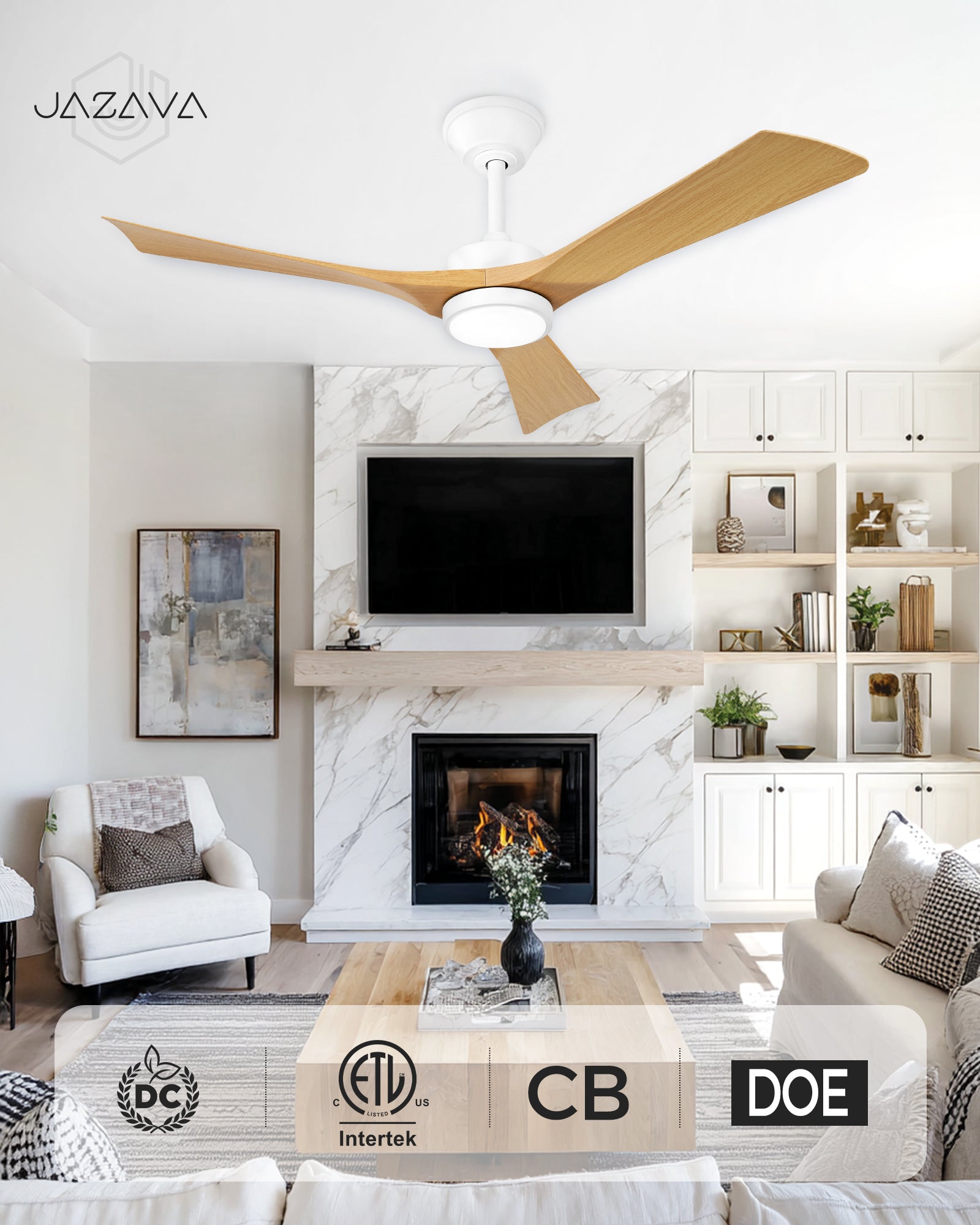 52" Coastal Ceiling Fan with Light, Corrosion-Resistant, Quiet DC Motor, 3CCT LED,  Remote Control, White