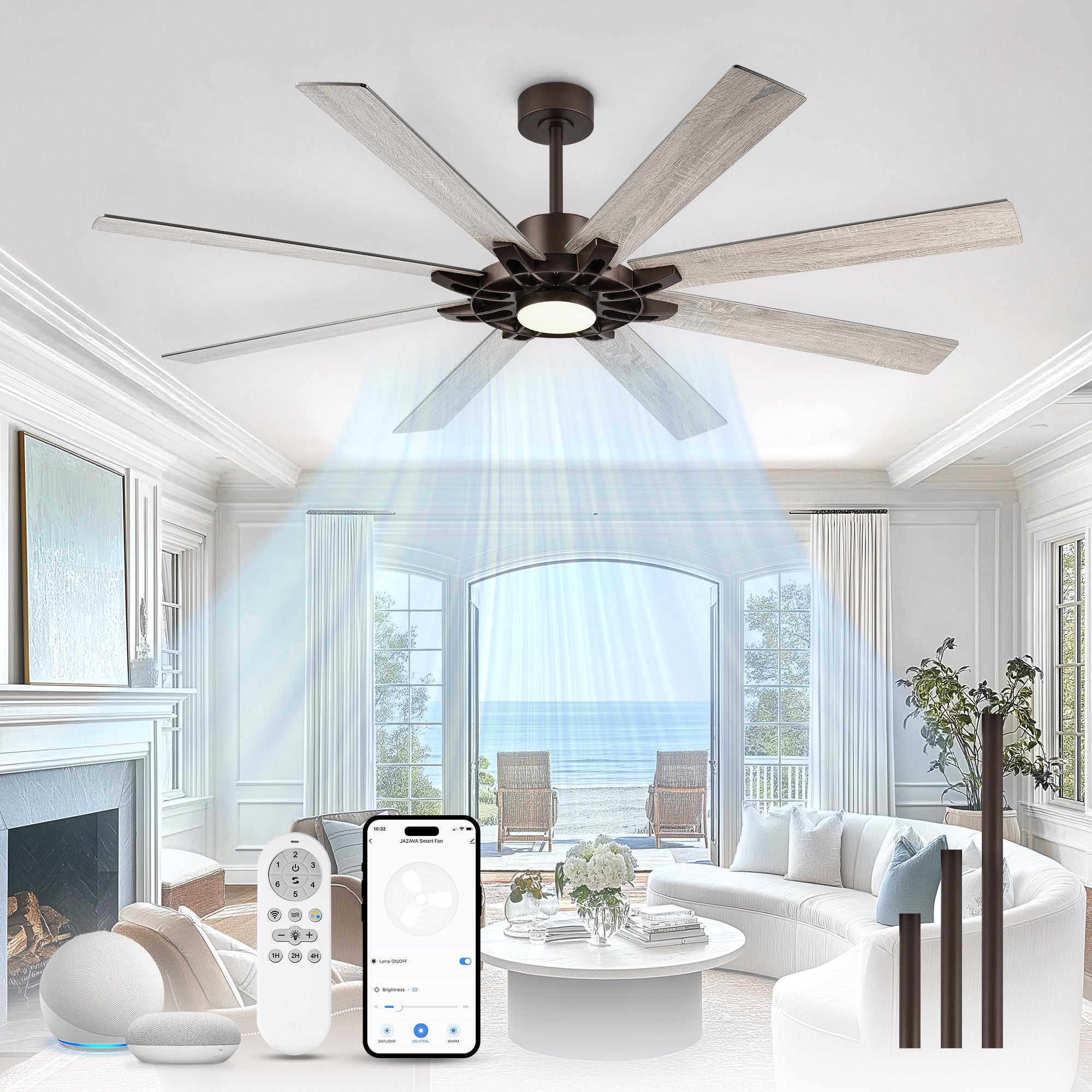 72" Smart Ceiling Fan with Light, Patented Hub Design, Plywood Blade, Alexa App Control, Bronze & Wood