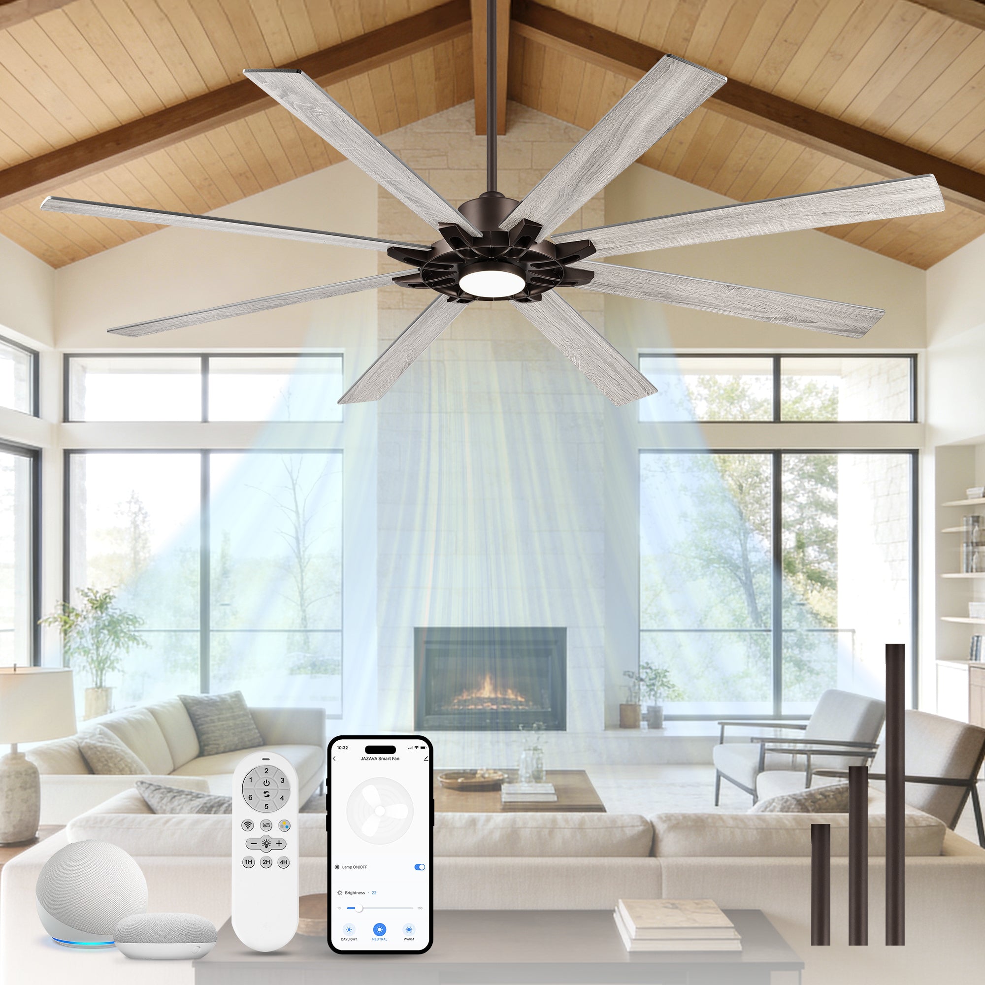 84" Smart Ceiling Fan with Light, Patented Hub Design, Plywood Blade, Alexa App Control, Bronze & Wood