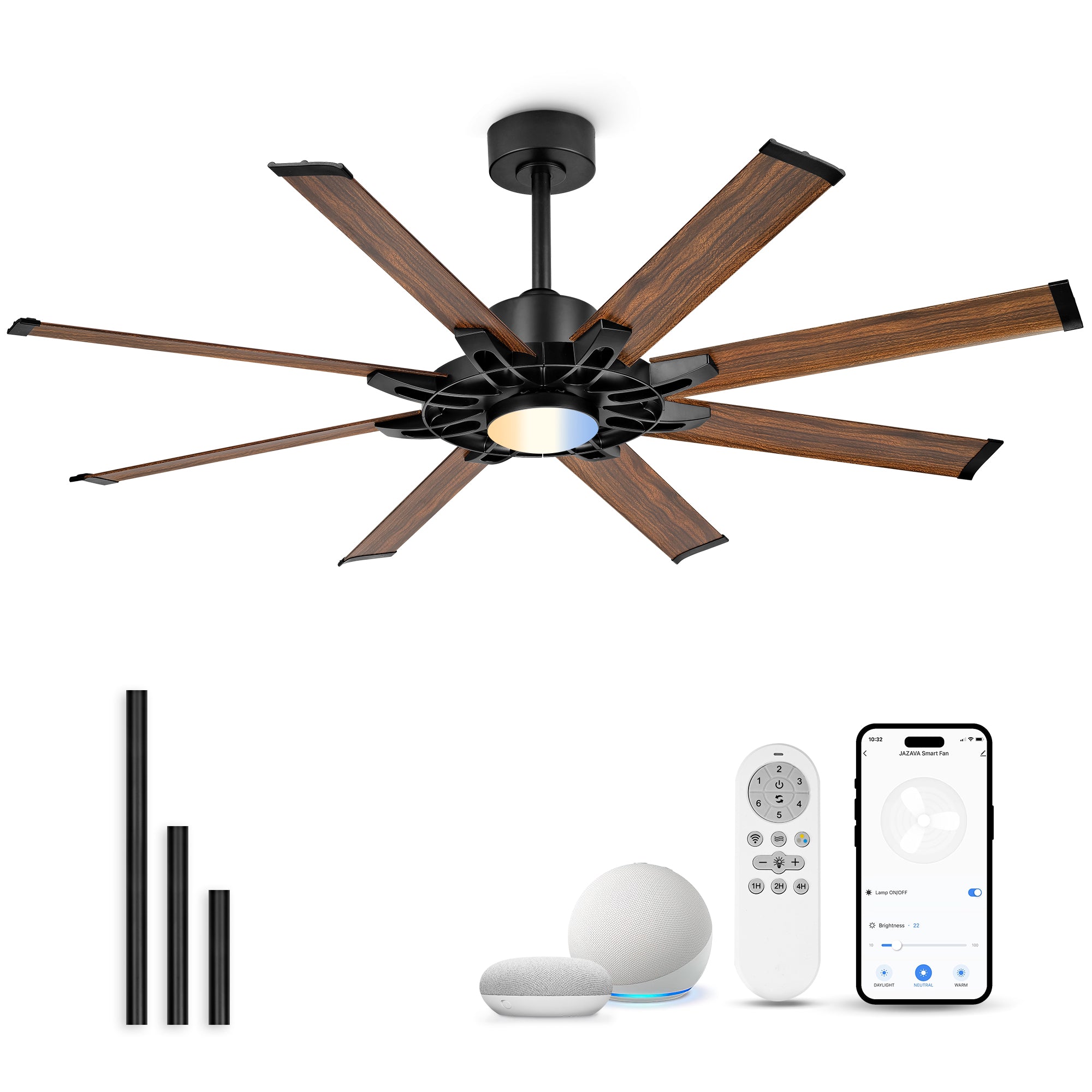 60" Smart Ceiling Fan with Light, Patented Hub Design, Aluminium Blade, Alexa App Control, Walnut