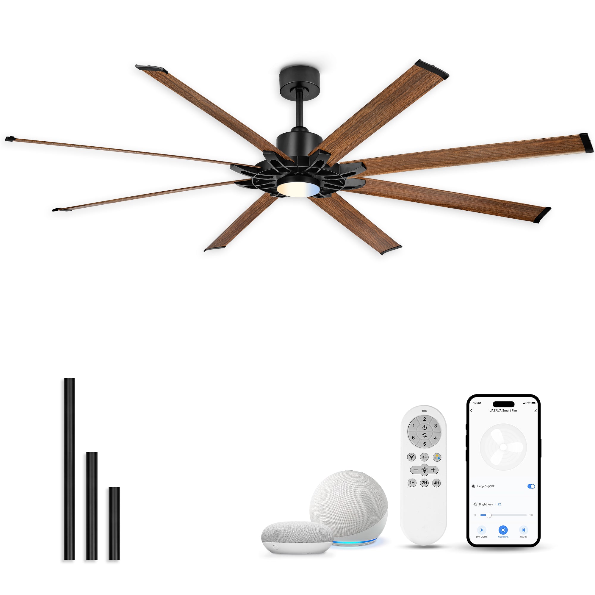 84" Smart Ceiling Fan with Light, Patented Hub Design, Aluminium Blade, Alexa App Control, Walnut