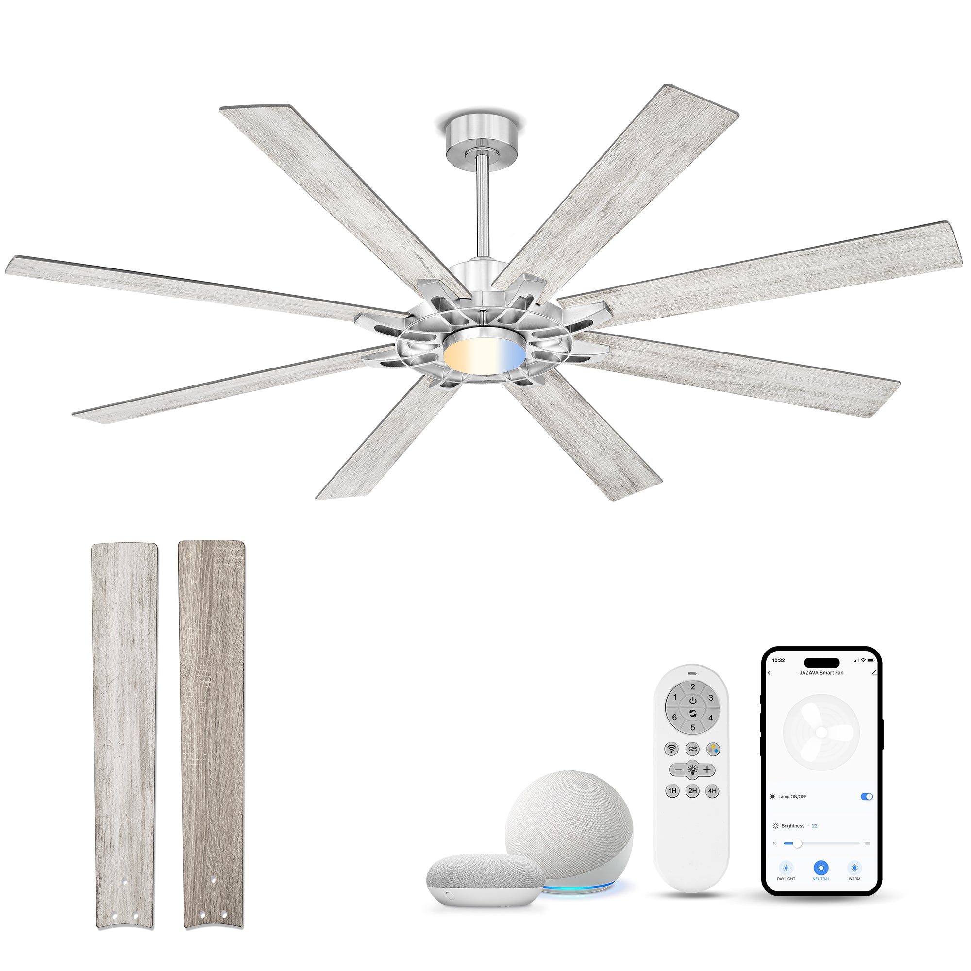 72" Smart Ceiling Fan with Light, Patented Hub Design, Plywood Blade, Alexa App Control, Brushed Nickel & Wood