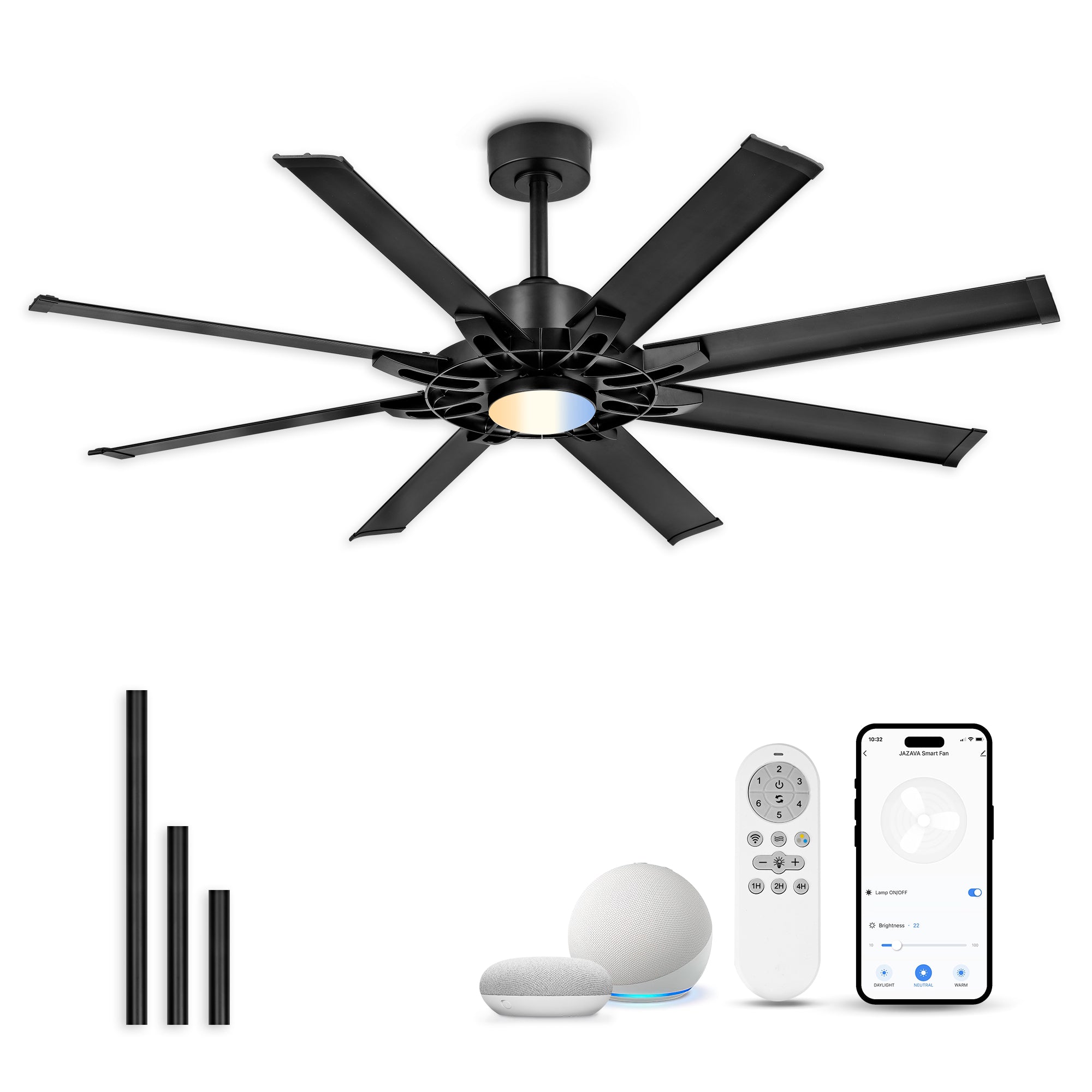 60" Smart Ceiling Fan with Light, Patented Hub Design, Aluminium Blade, Alexa App Control, Black