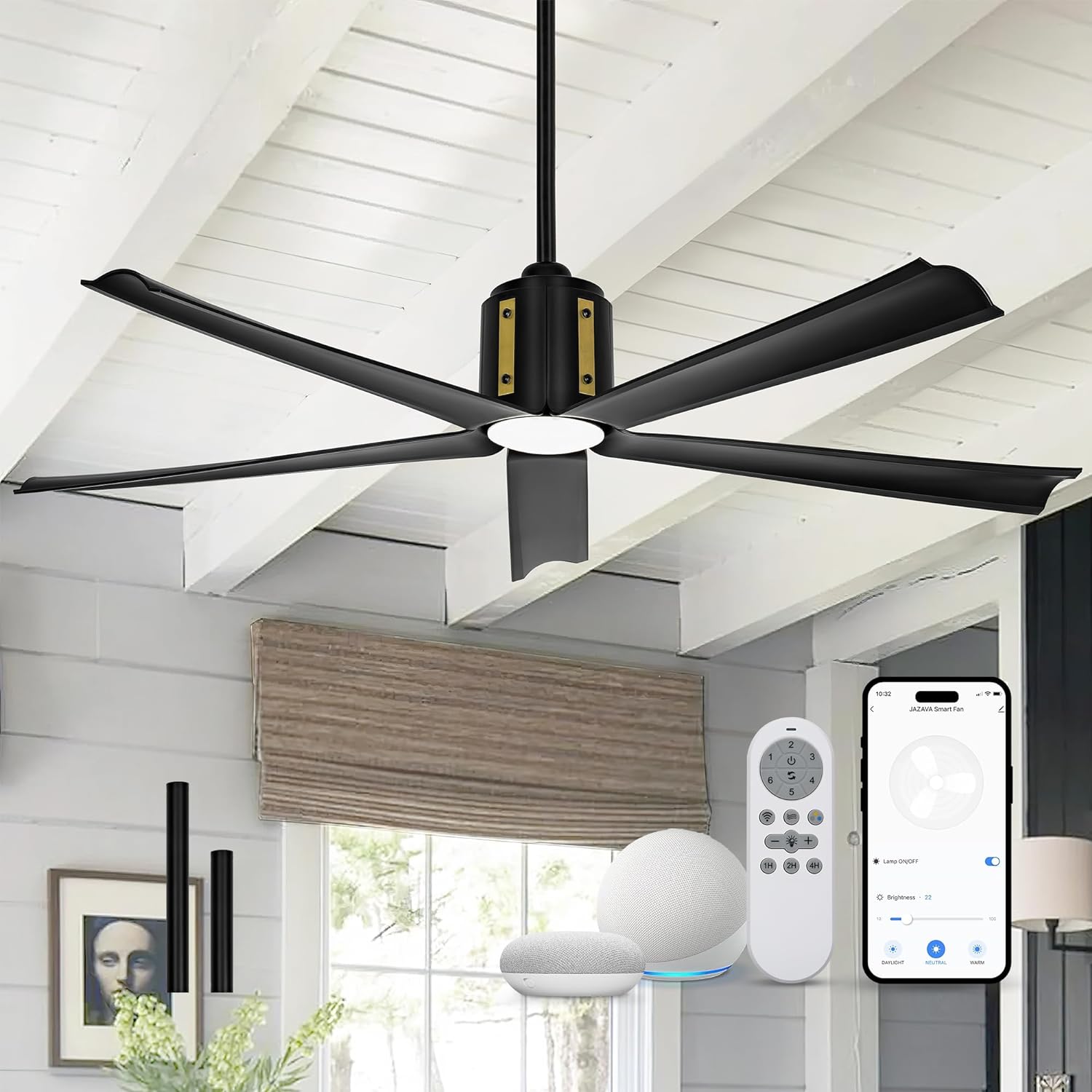 Smart 60 Inch Ceiling Fan, Black Ceiling Fans with Lights and Remote, Quiet DC Motor, Voice Control with 2.4G WiFi, Modern Indoor Ceiling Fans with Light for Bedroom Patio