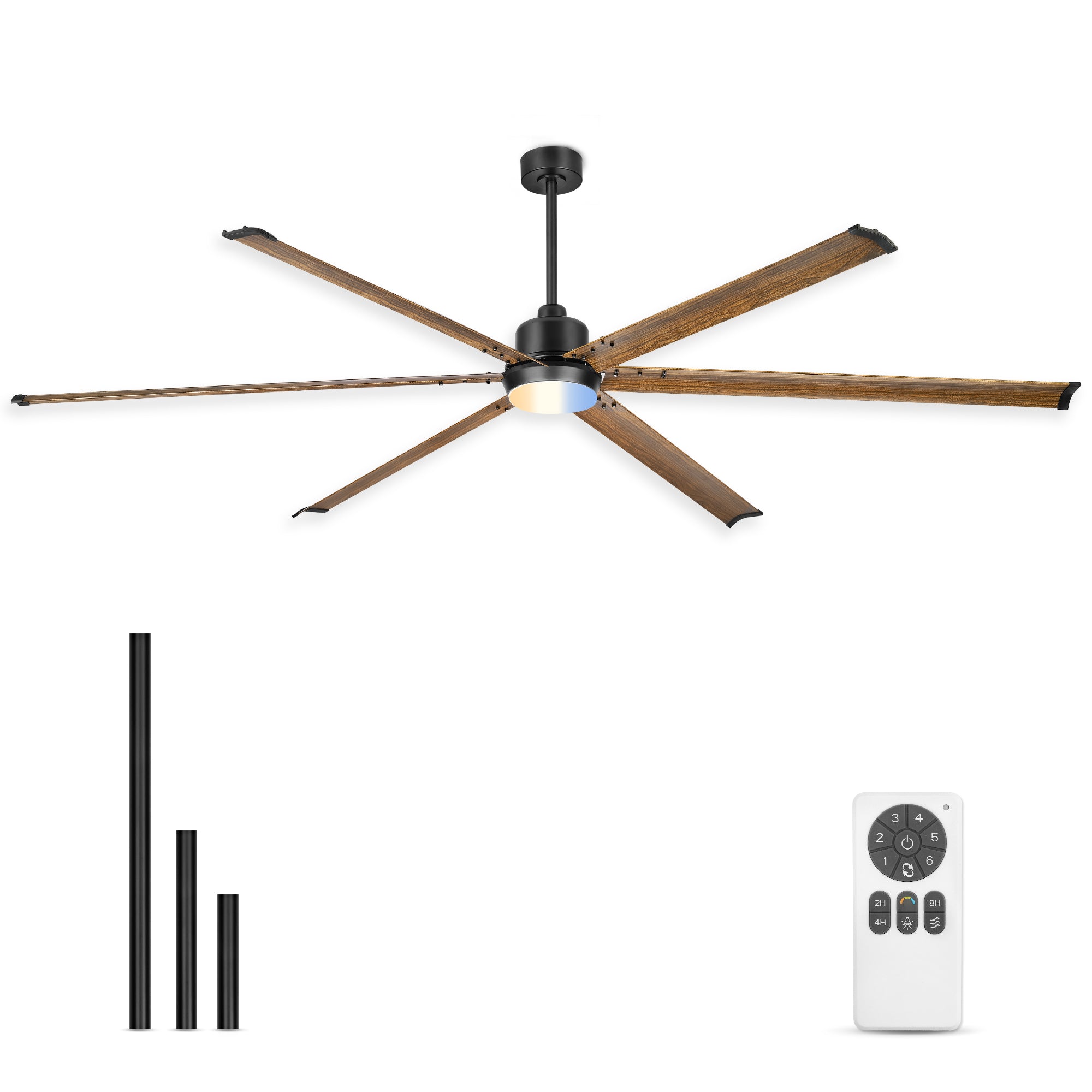 96" Industrial Ceiling Fan with Light, Aluminium Blades, Black & Wood Grain