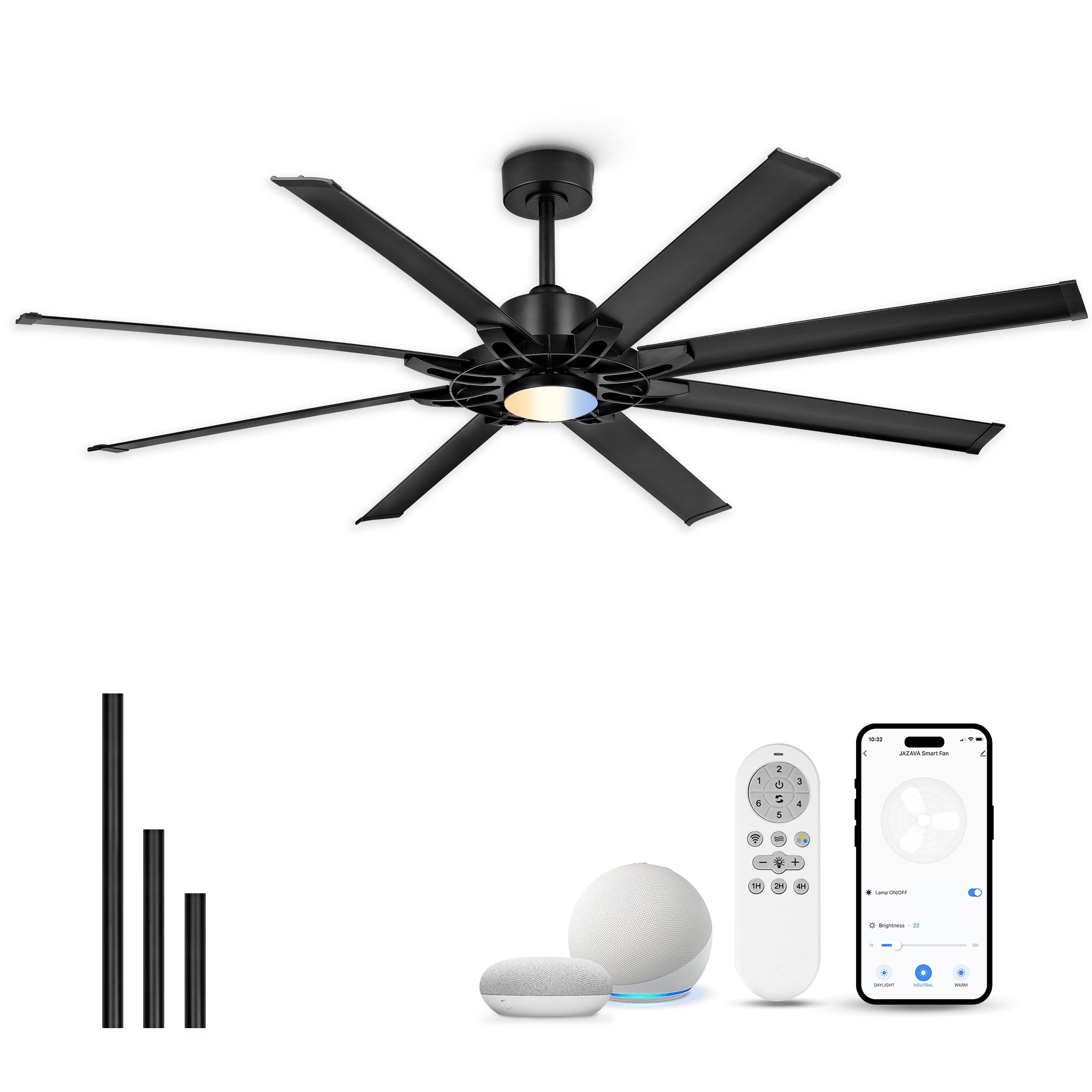 72" Smart Ceiling Fan with Light, Patented Hub Design, Aluminium Blade, Alexa App Control, Black