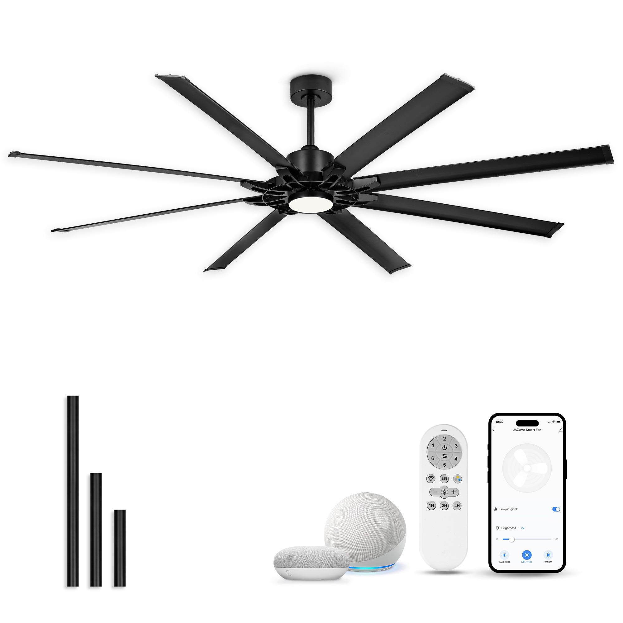 84" Smart Ceiling Fan with Light, Patented Hub Design, Aluminium Blade, Alexa App Control, Black